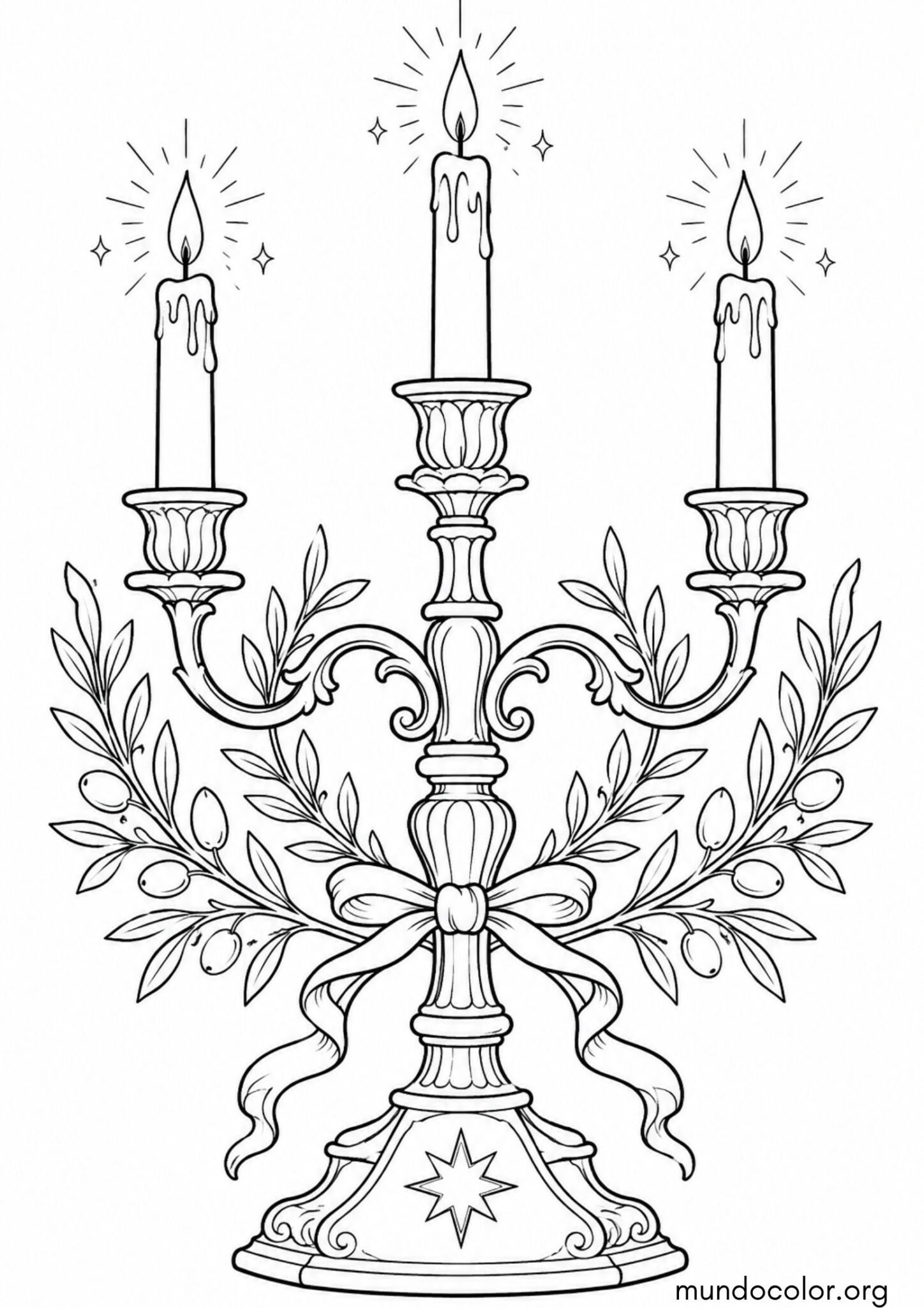 Dibujo de Día de la Candelaria y Tamales – Candelabro tradicional con velas encendidas decorado con ramas de olivo para colorear