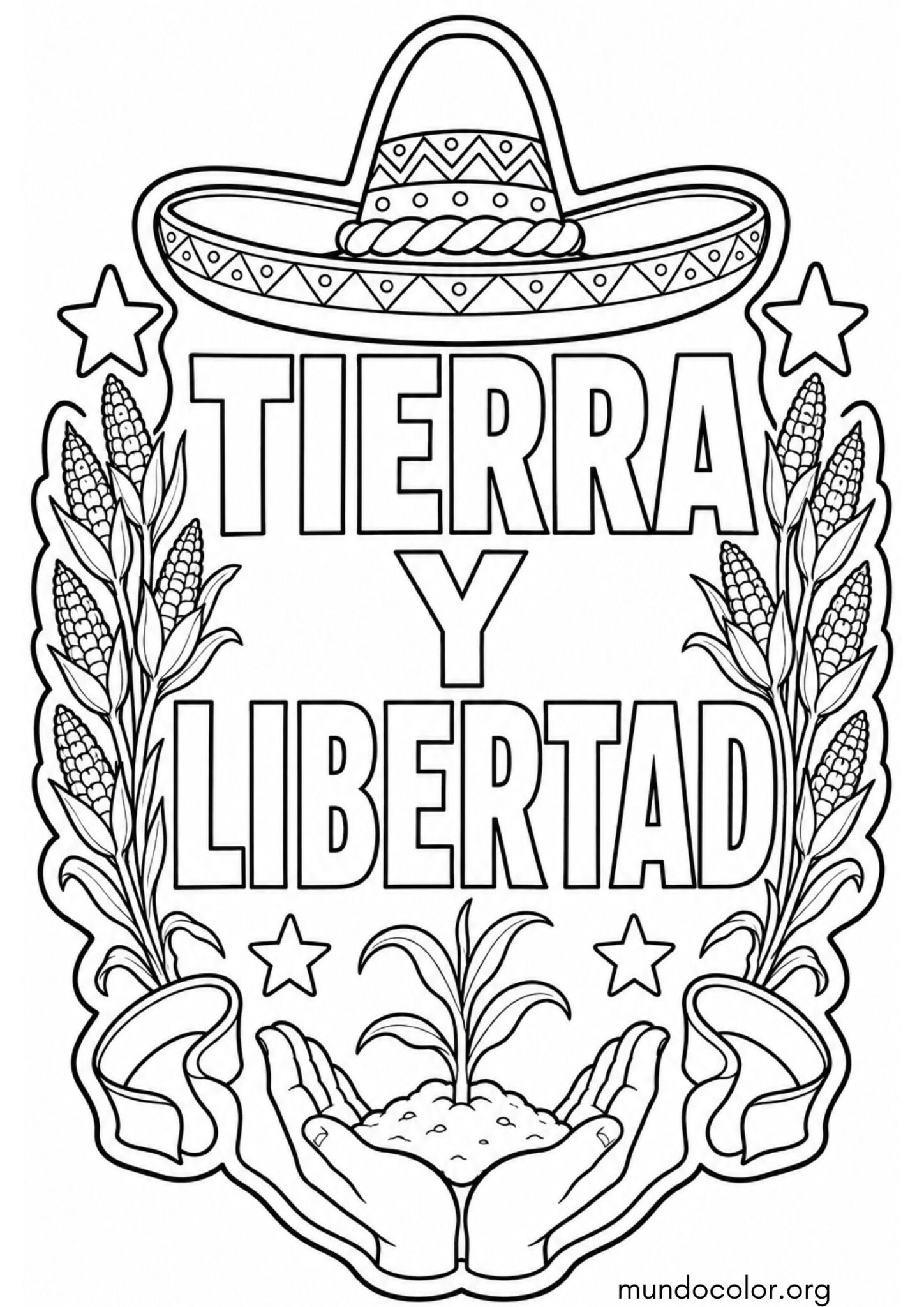 Dibujo de Día de la Revolución Mexicana – Cartel con la frase «Tierra y Libertad» con espigas y sombrero para colorear