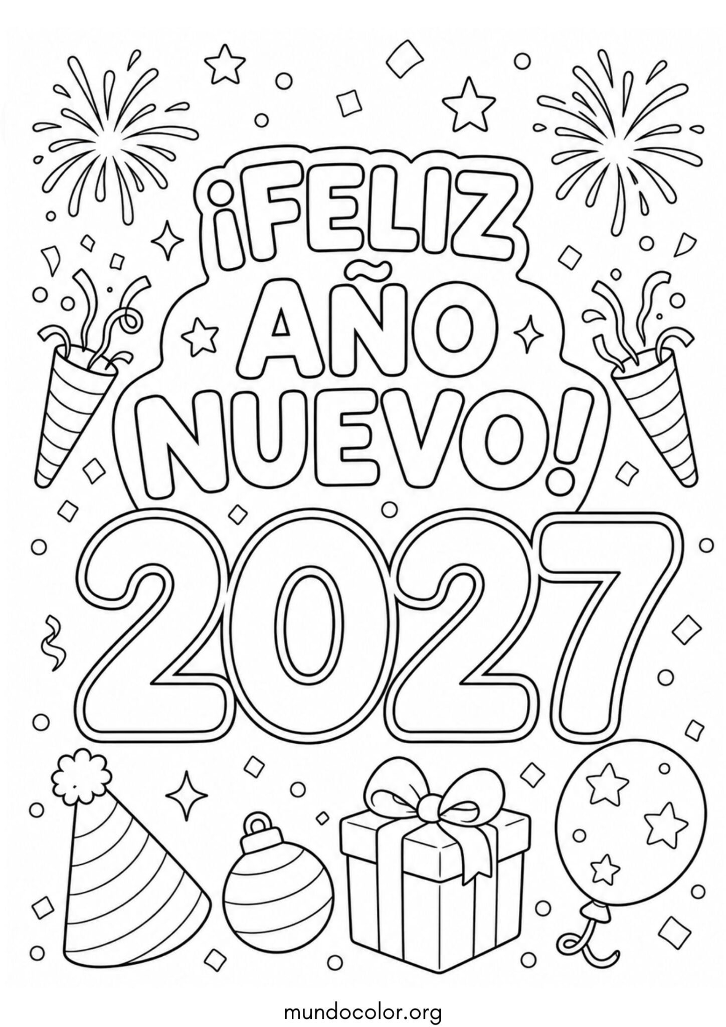 Dibujo de Cartel de ¡Feliz Año Nuevo! con números grandes para colorear