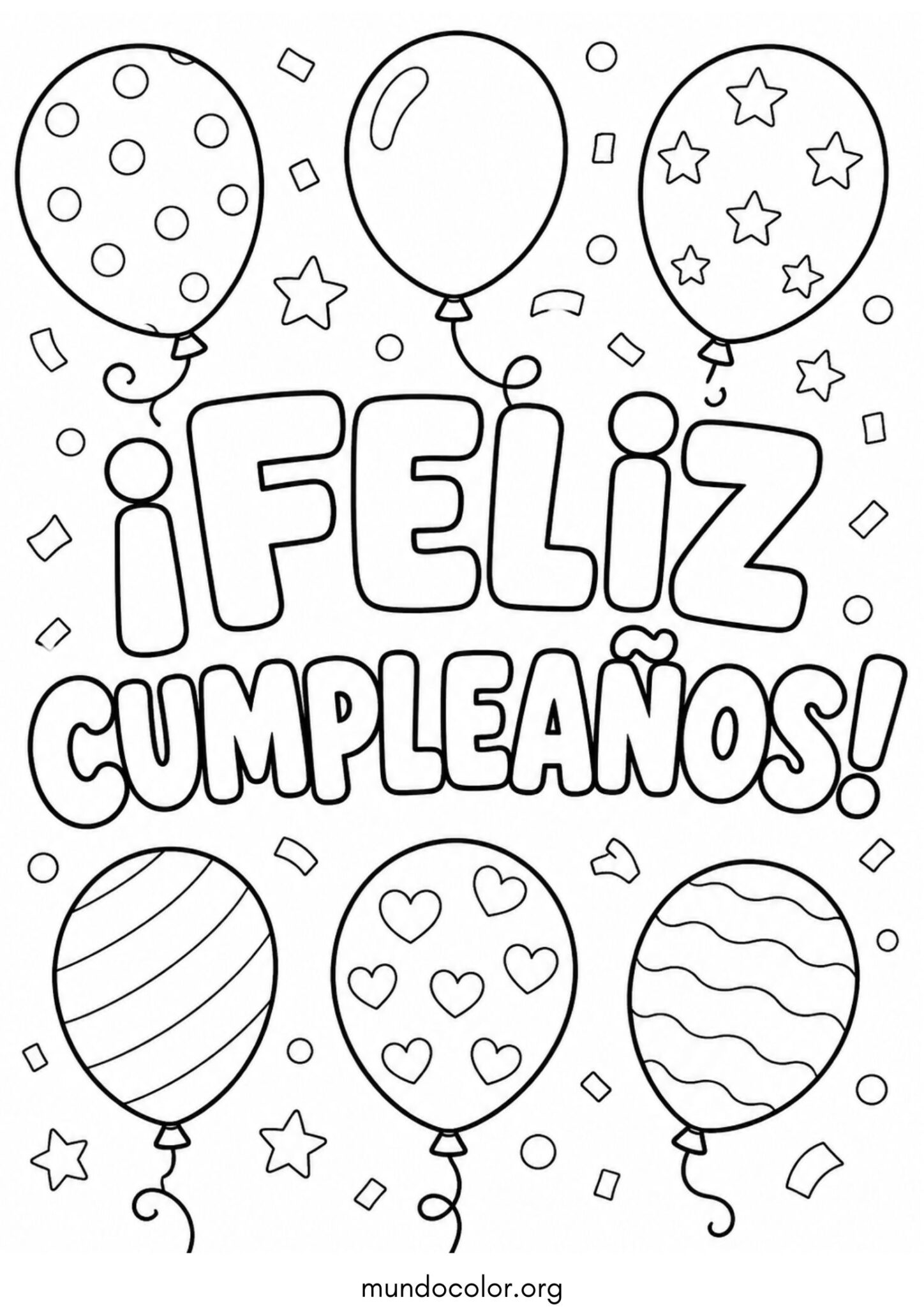 Dibujo de Cartel de ¡Feliz Cumpleaños! con letras grandes y globos para colorear