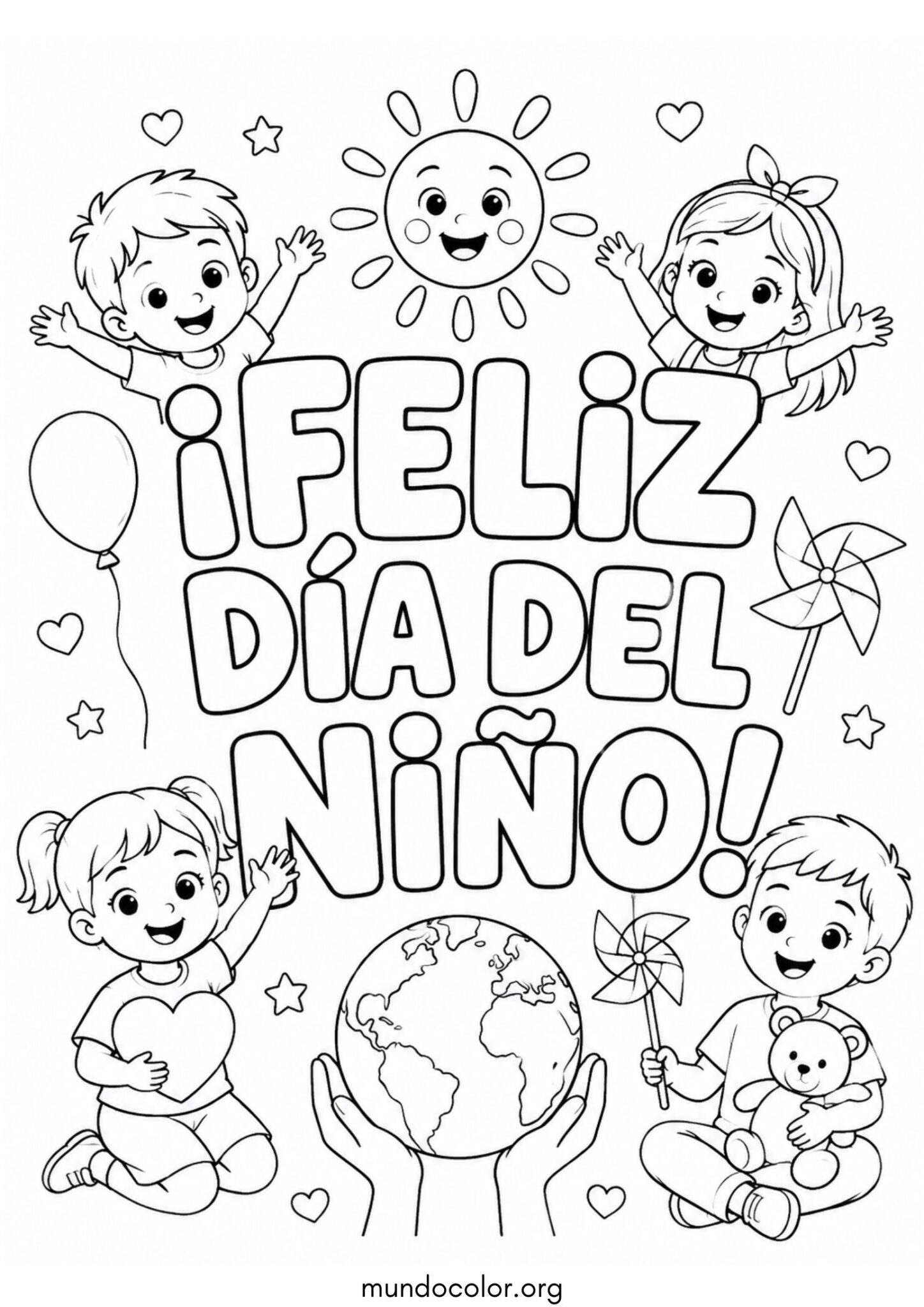 Dibujo de Cartel de ¡Feliz Día del Niño! con letras grandes para colorear
