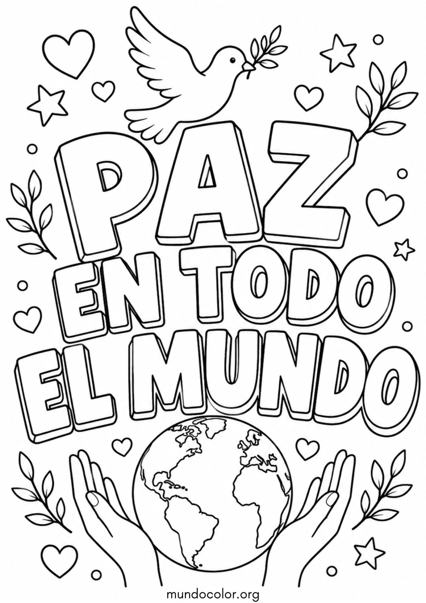Dibujo de Cartel de Paz en el Mundo con letras grandes para colorear