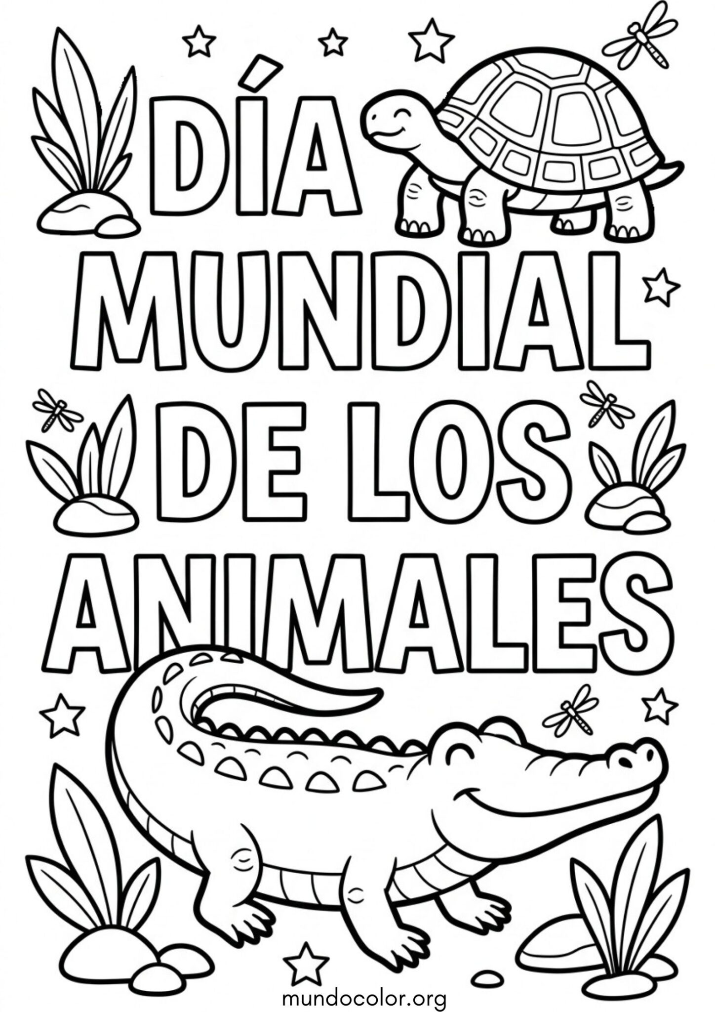 Cartel del Día Mundial de los Animales con cocodrilo y tortuga para imprimir y pintar Dibujo de Cartel del Día Mundial de los Animales con cocodrilo y tortuga para colorear