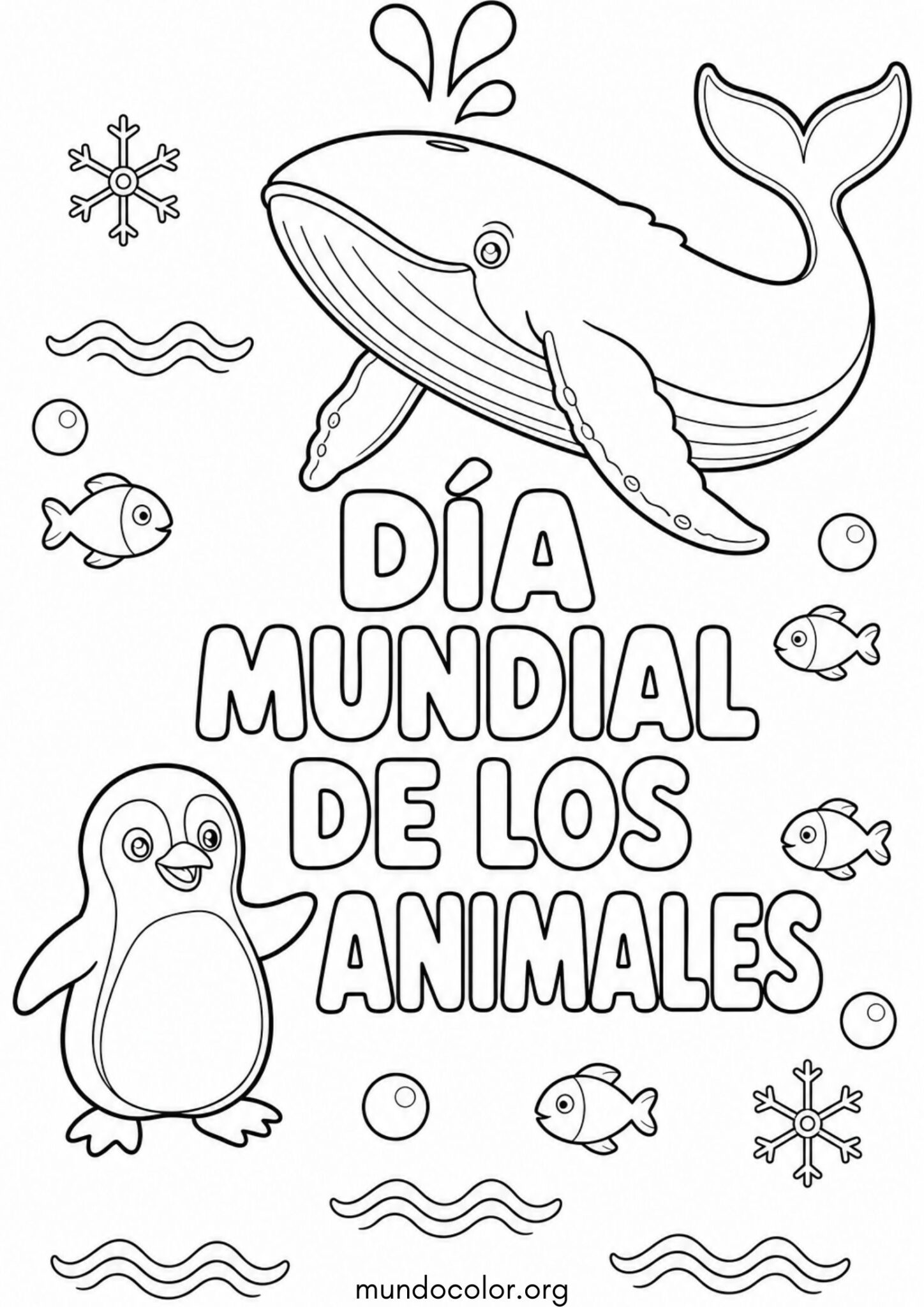 Dibujo de Cartel del Día Mundial de los Animales con pingüino y ballena para colorear