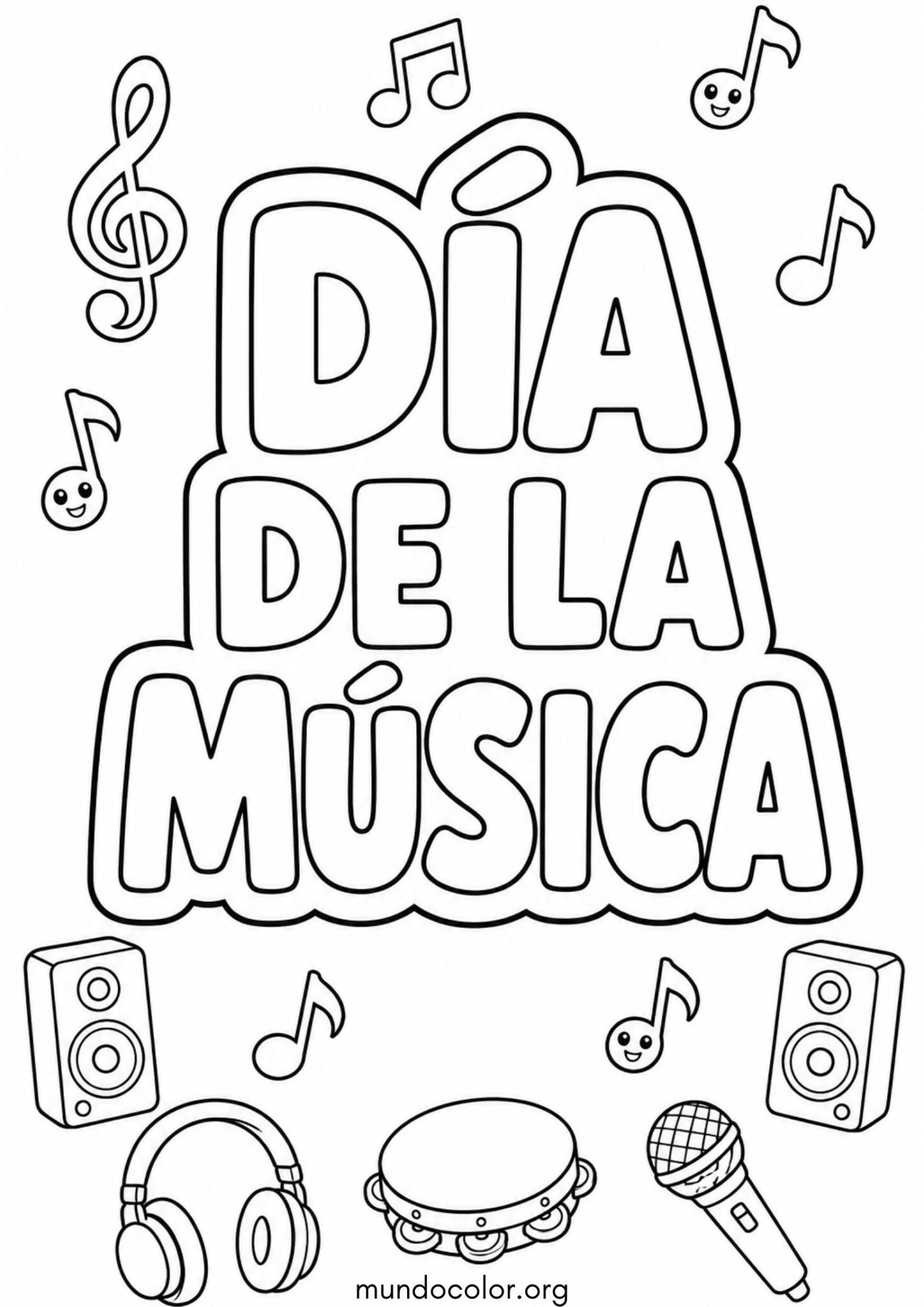 Dibujo de Cartel del Día de la Música con letras grandes y notas para colorear