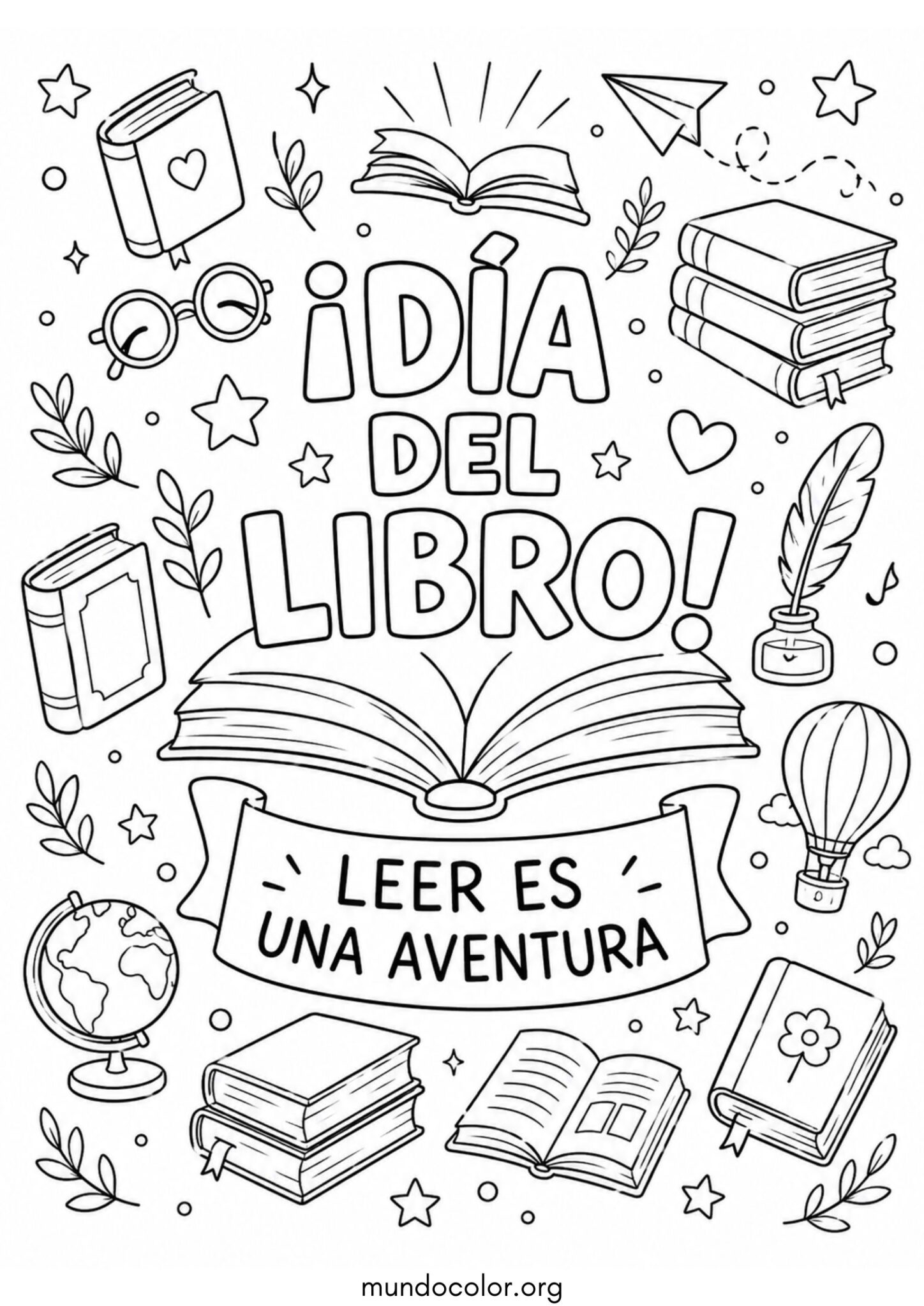 Dibujo de Cartel del Día del Libro con la frase «La lectura es una aventura» para colorear