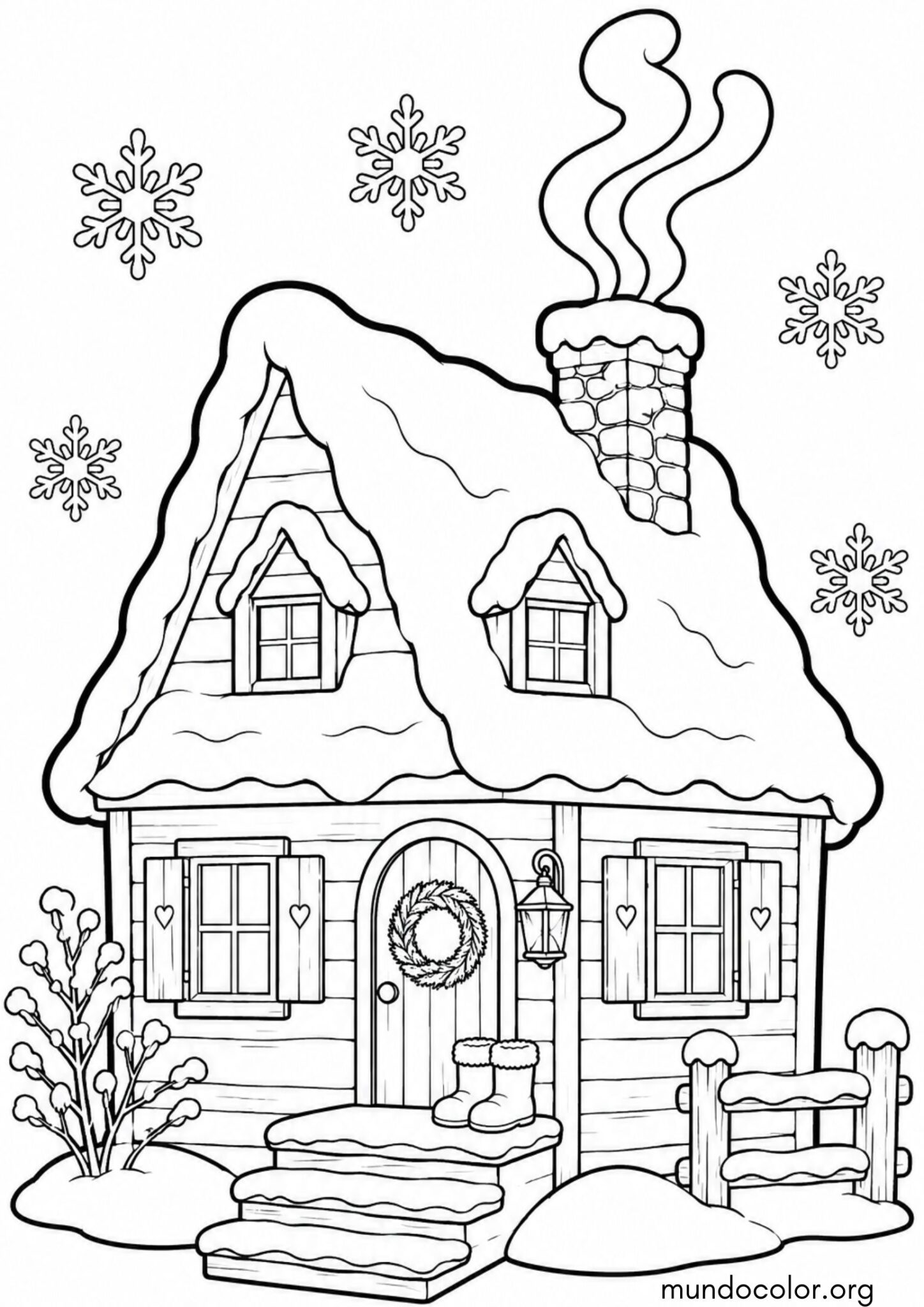 Dibujo de Invierno – Casa de campo nevada con humo en la chimenea para colorear