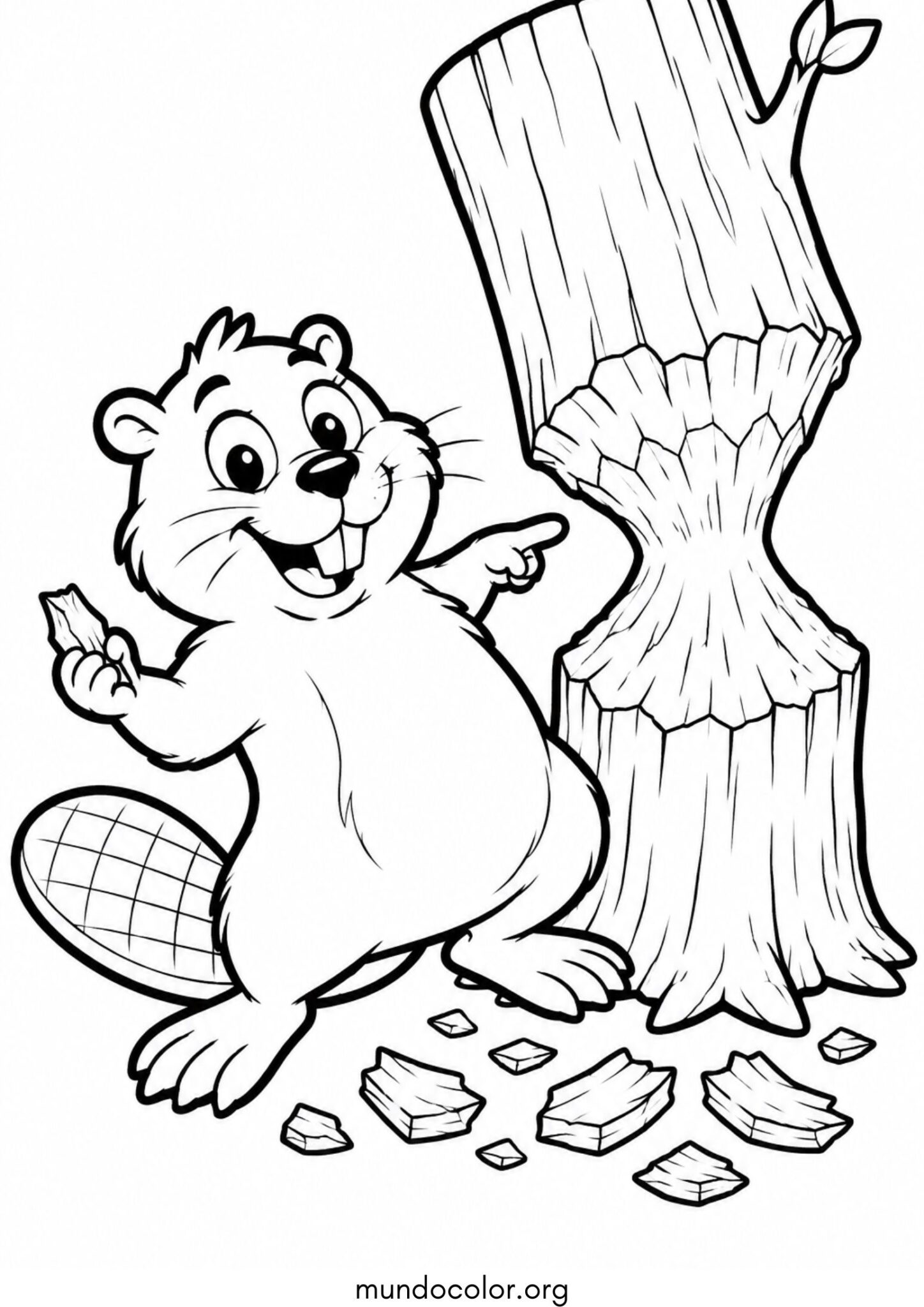 Dibujo de Castor junto a un árbol roído para colorear