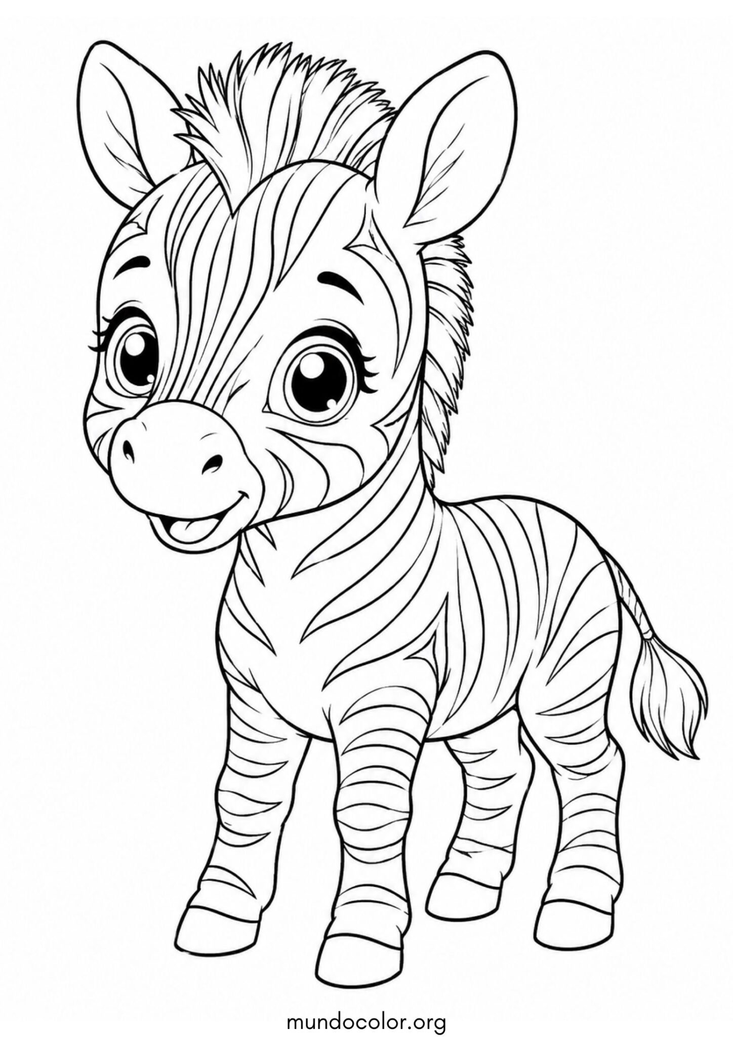 Dibujo de Cebra bebé feliz y tierna estilo kawaii para colorear