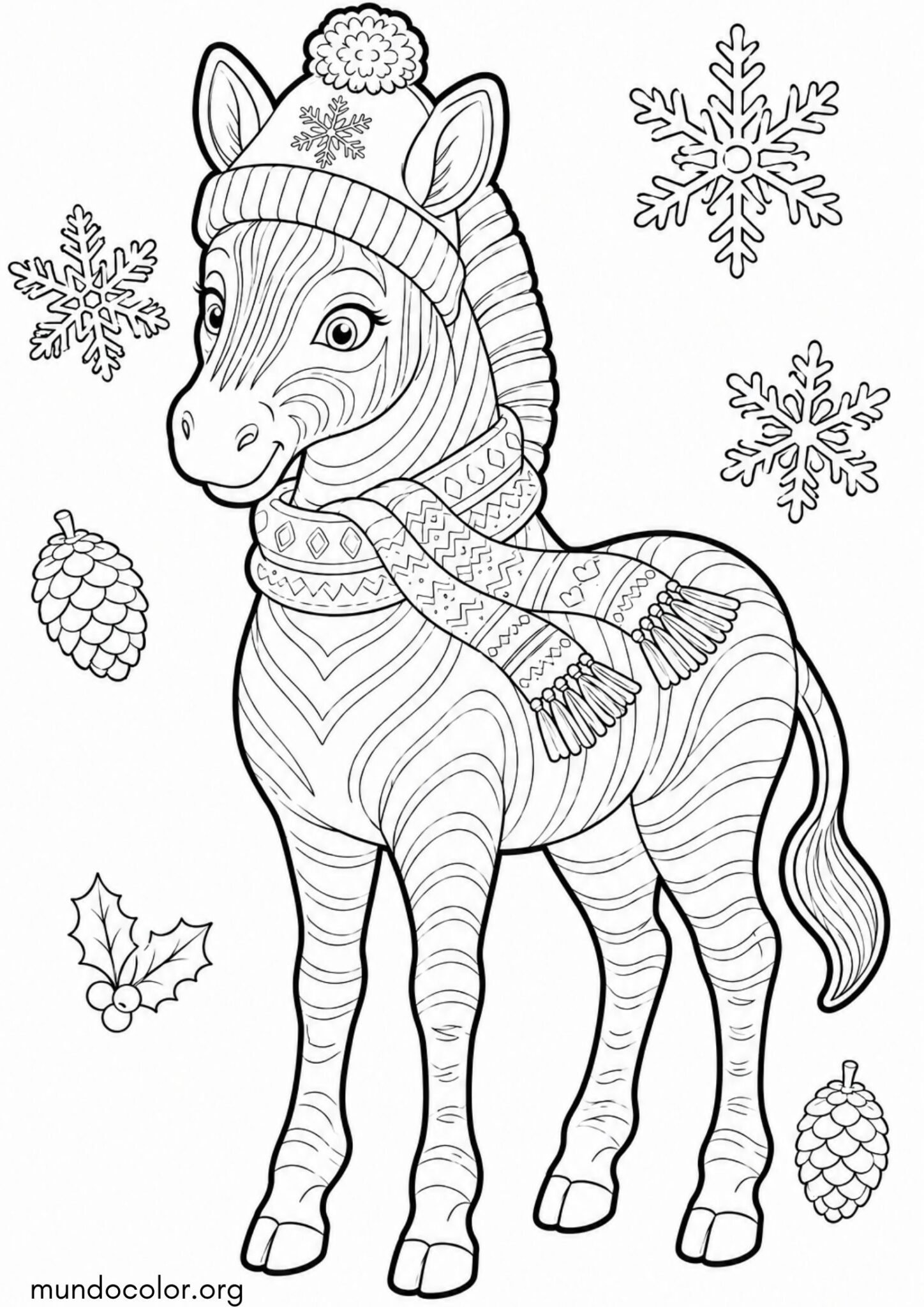 Dibujo de Cebra con bufanda y gorrito de lana de invierno para imprimir Dibujo de Cebra con bufanda y gorrito de lana de invierno para colorear