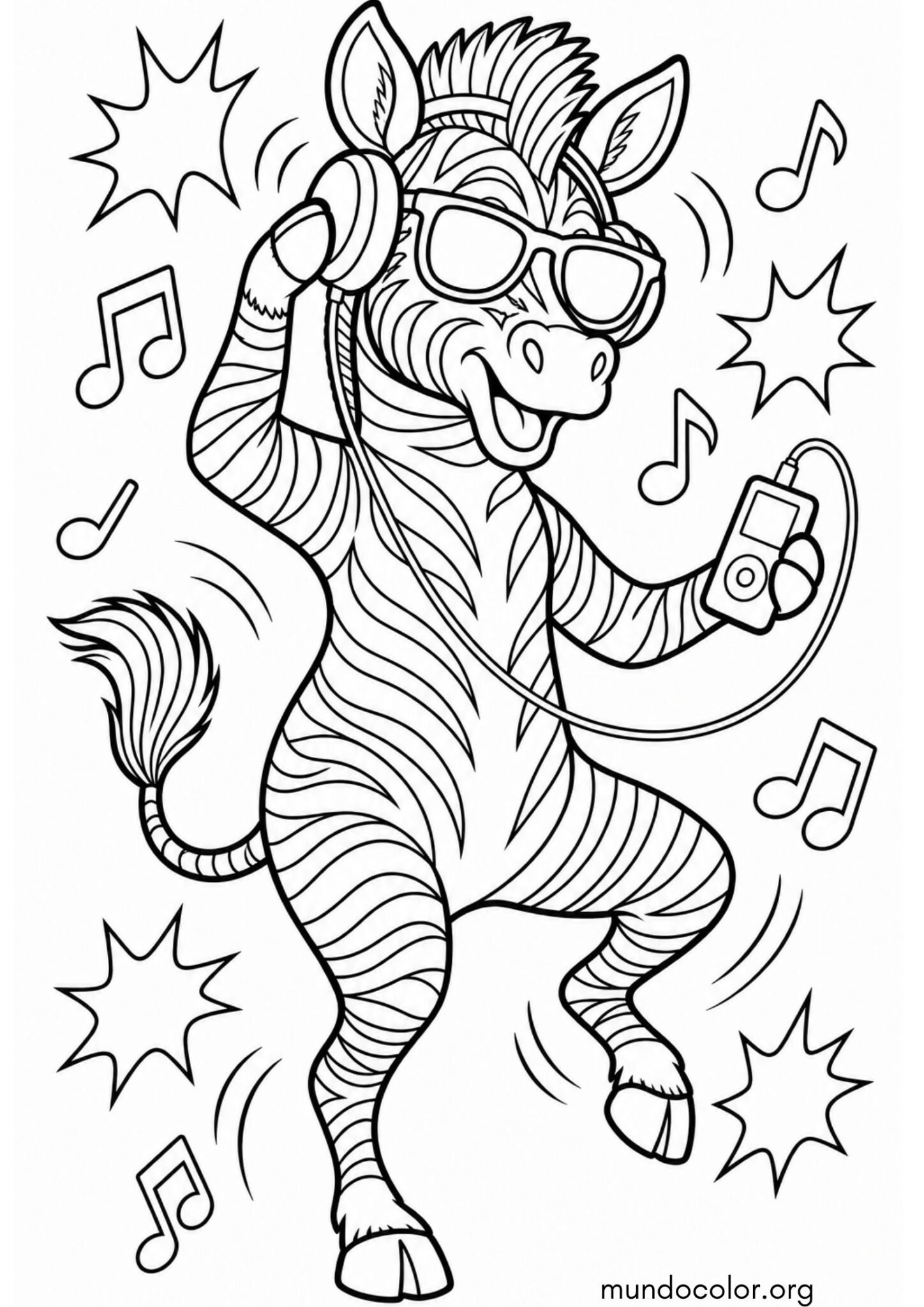 Dibujo de Cebra con gafas de sol y auriculares escuchando música para colorear