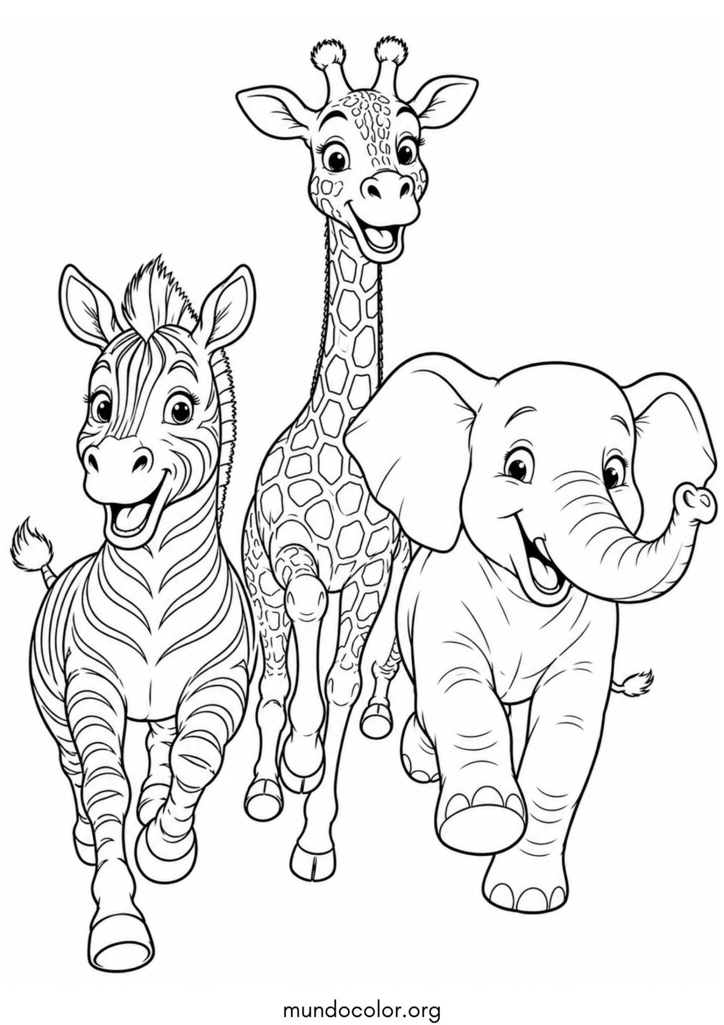 Dibujo de Cebra corriendo libre junto a una jirafa y un elefante para colorear