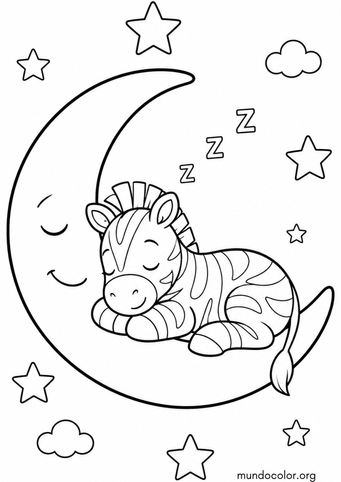 Dibujo de Cebra durmiendo plácidamente sobre una media luna y estrellas para colorear
