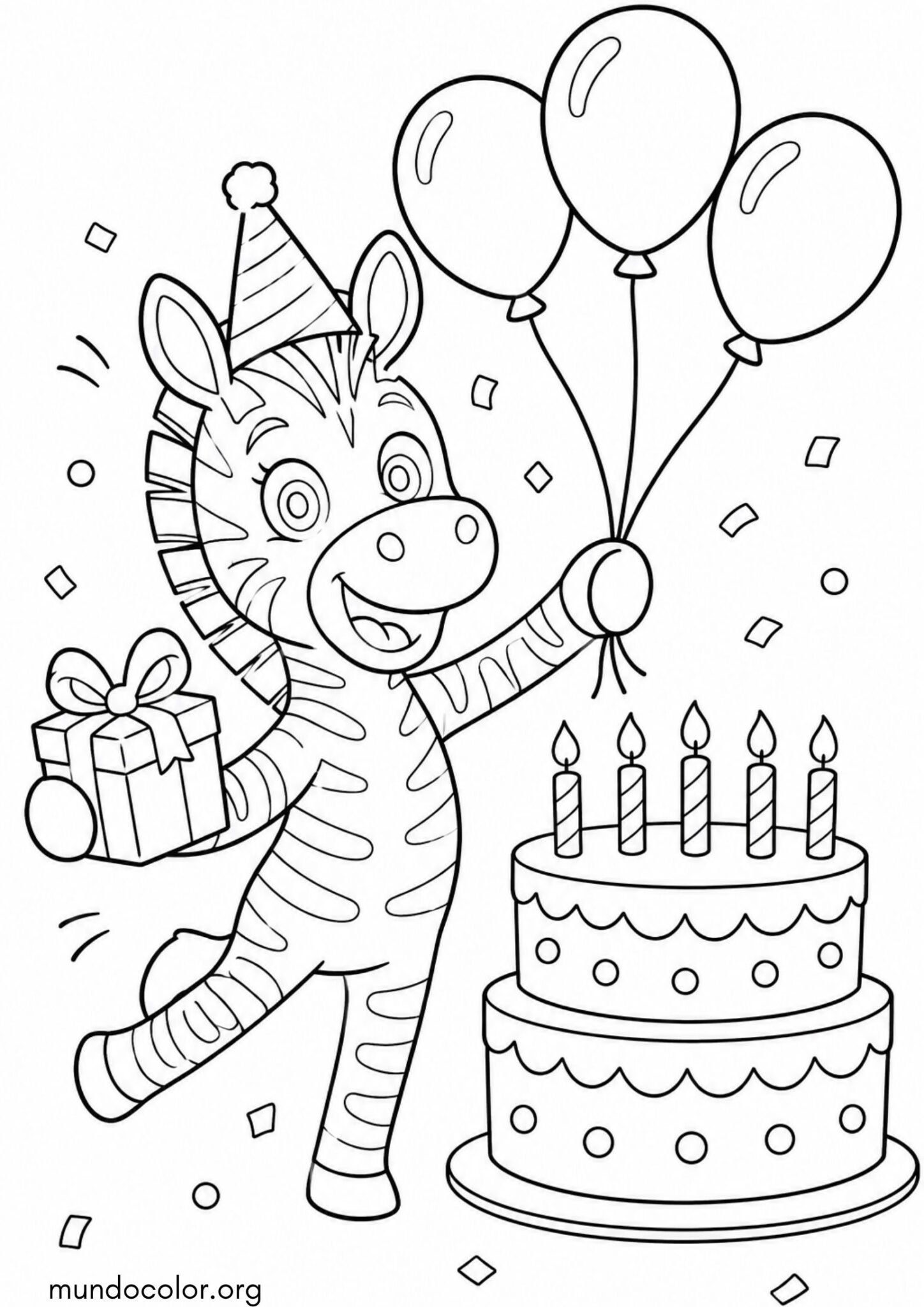Dibujo de Cebra festejando su cumpleaños con pastel, globos y gorrito de fiesta para colorear