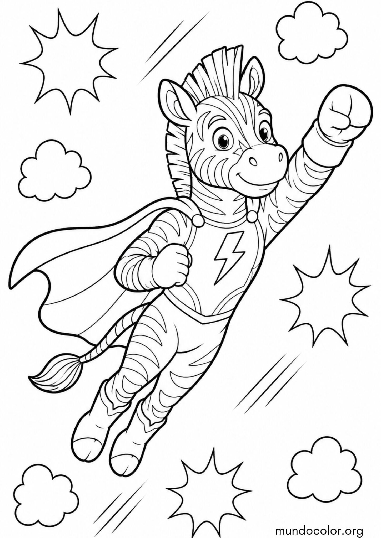 Dibujo de Cebra superhéroe con capa volando entre las nubes para colorear