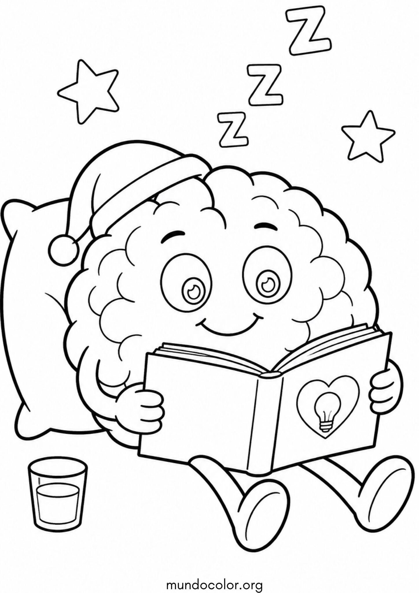 Dibujo de Día Mundial de la Salud – Cerebro feliz leyendo un libro y descansando para colorear