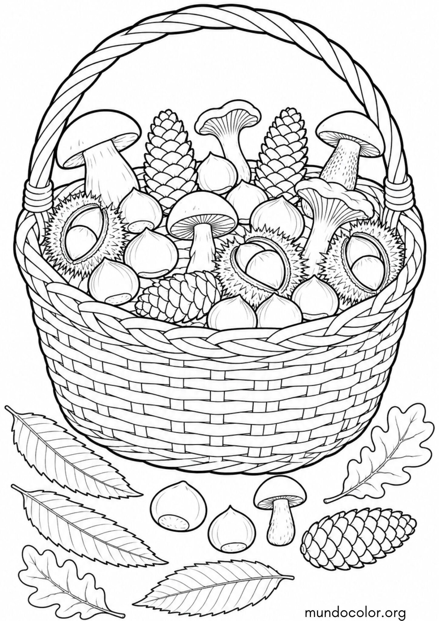 Dibujo de Fiesta de la Castaña – Cesta de mimbre llena de castañas, setas y piñas para colorear