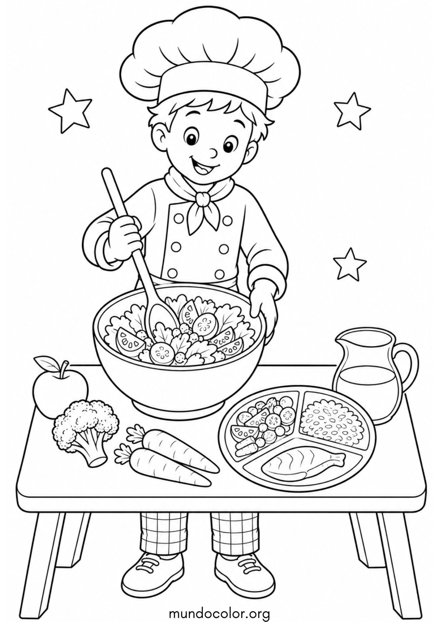 Dibujo de Día Mundial de la Alimentación – Chef infantil cocinando un plato saludable para colorear