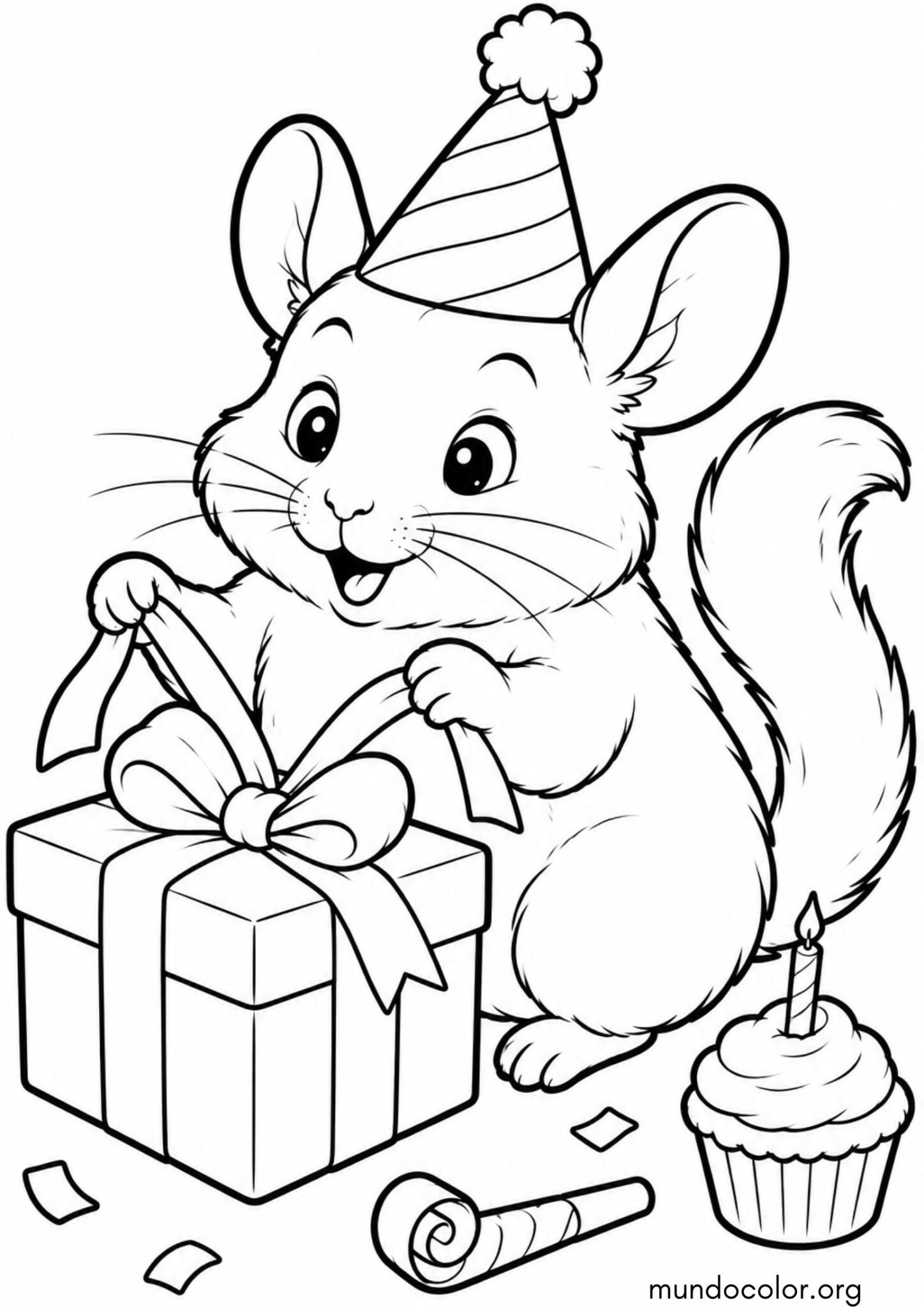 Dibujo de Chinchilla de Cumpleaños con un gorrito y regalo para colorear