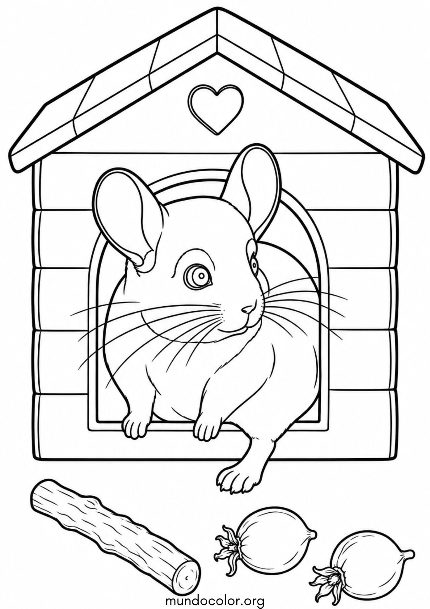 Dibujo de Chinchilla en su casita de madera para colorear