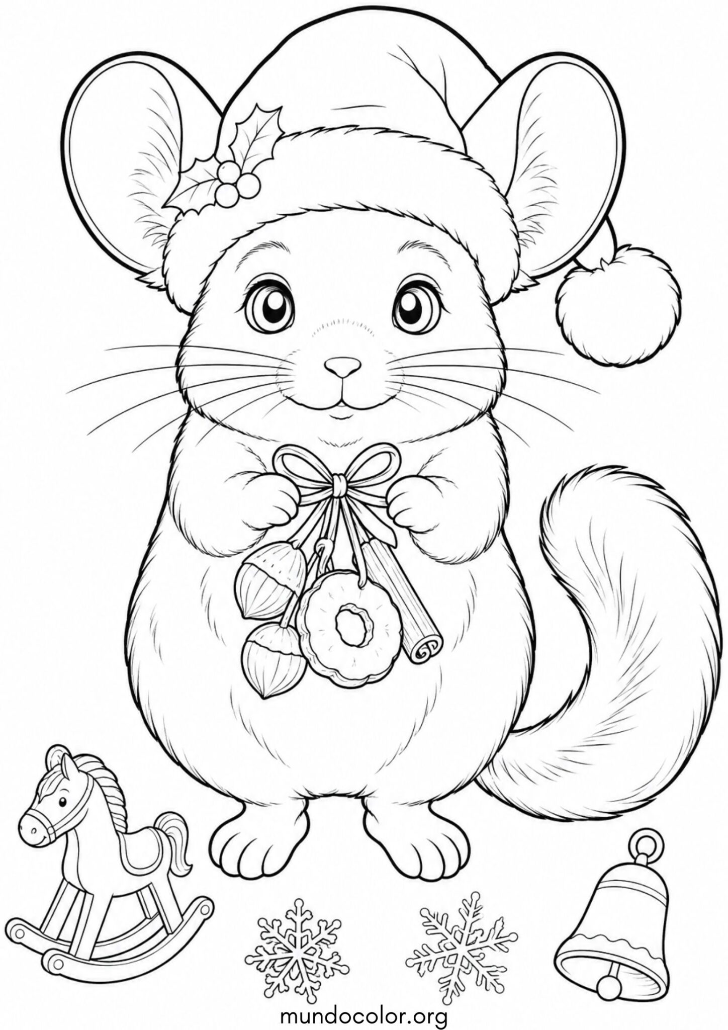 Dibujo de Chinchilla navideña con gorro de Papá Noel para colorear