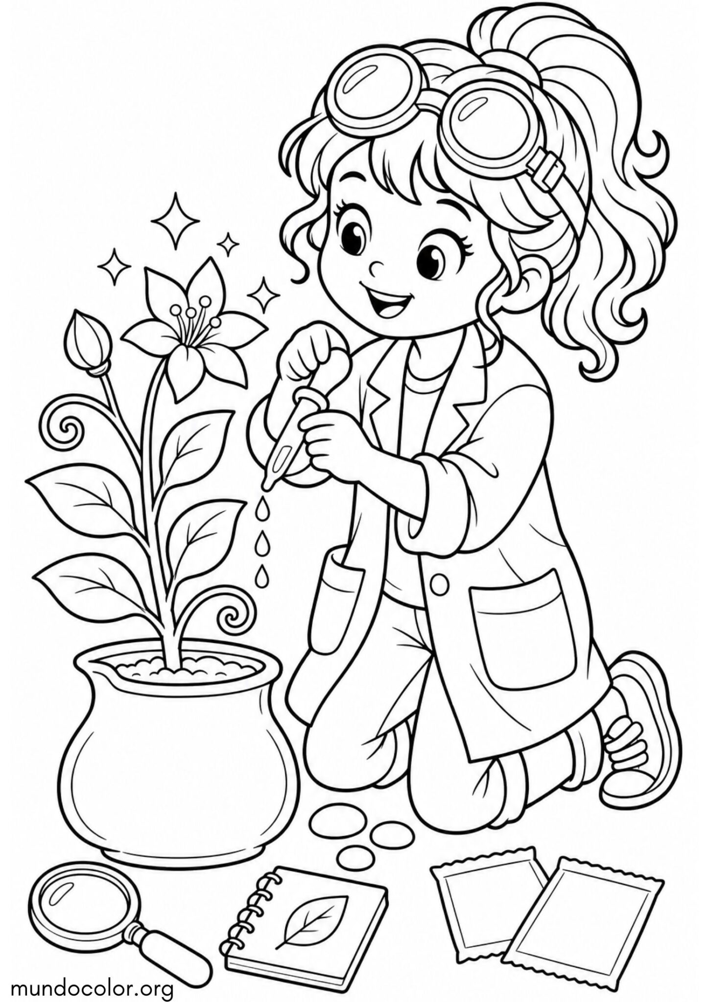 Dibujo de Día Mundial de la Ciencia – Científico infantil cuidando una planta en una maceta mágica para colorear