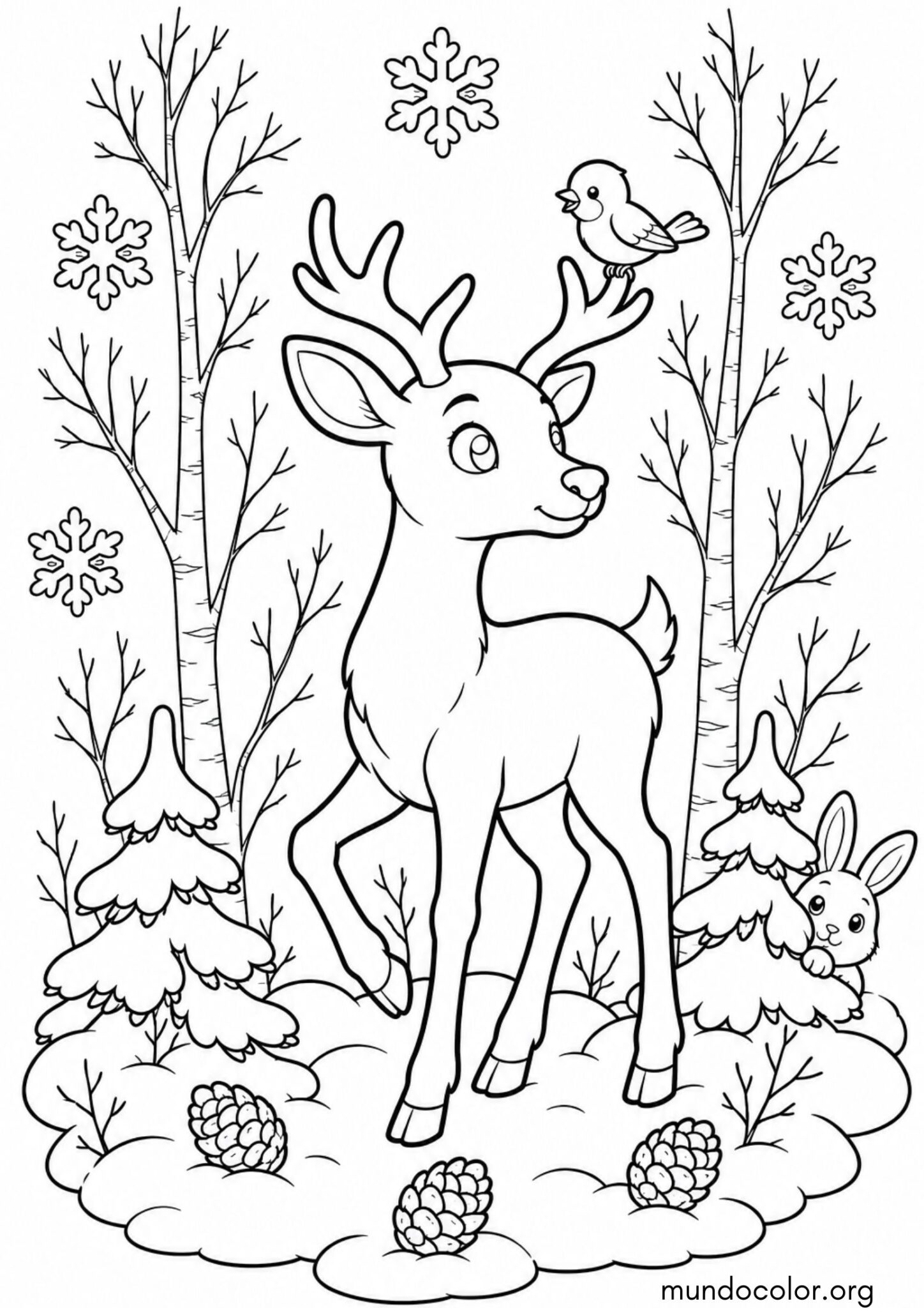 Dibujo de Invierno – Ciervo en el bosque nevado para colorear