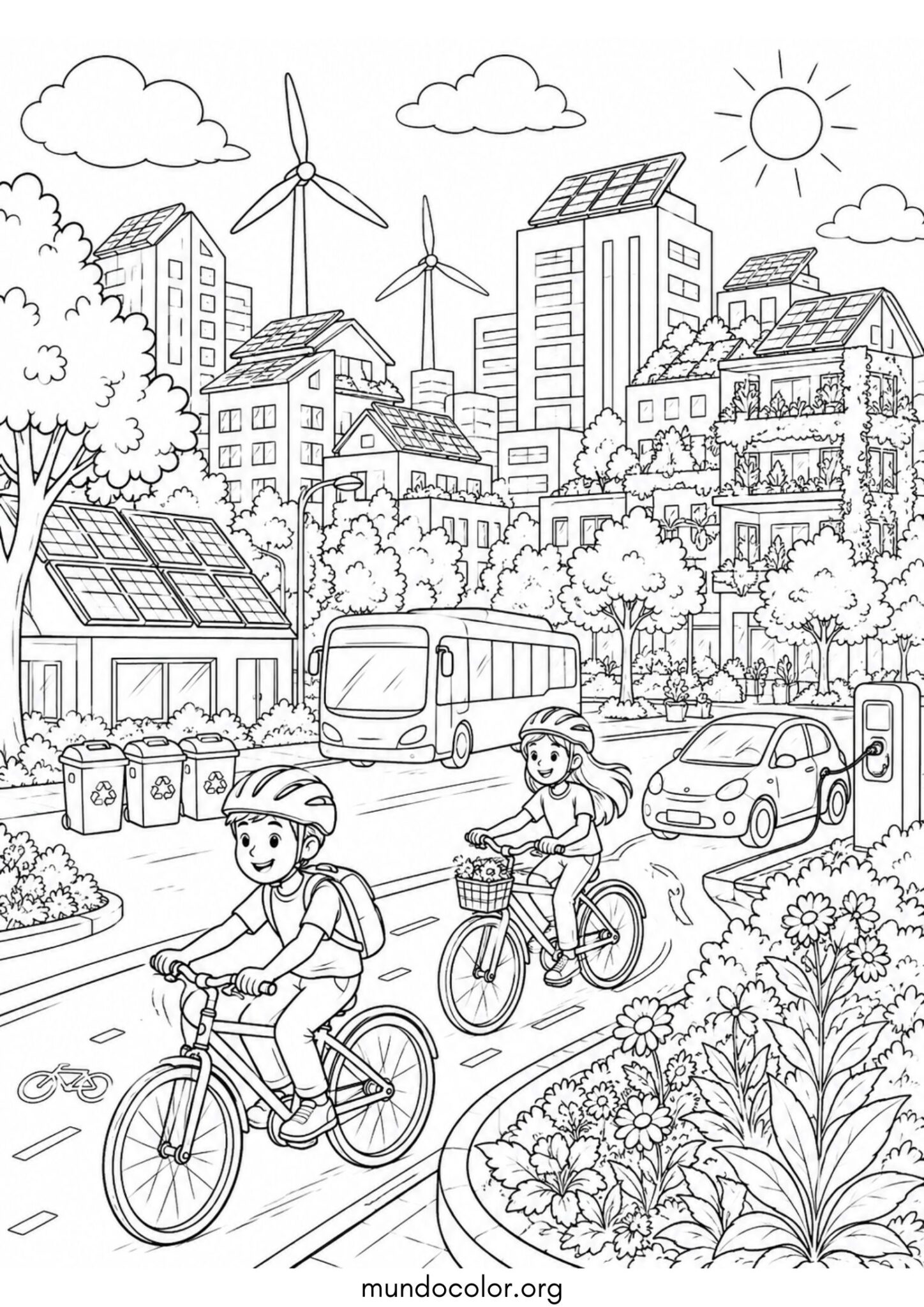 Dibujo de Día del Medio Ambiente – Ciudad ecológica y sostenible con bicicletas y paneles solares para colorear