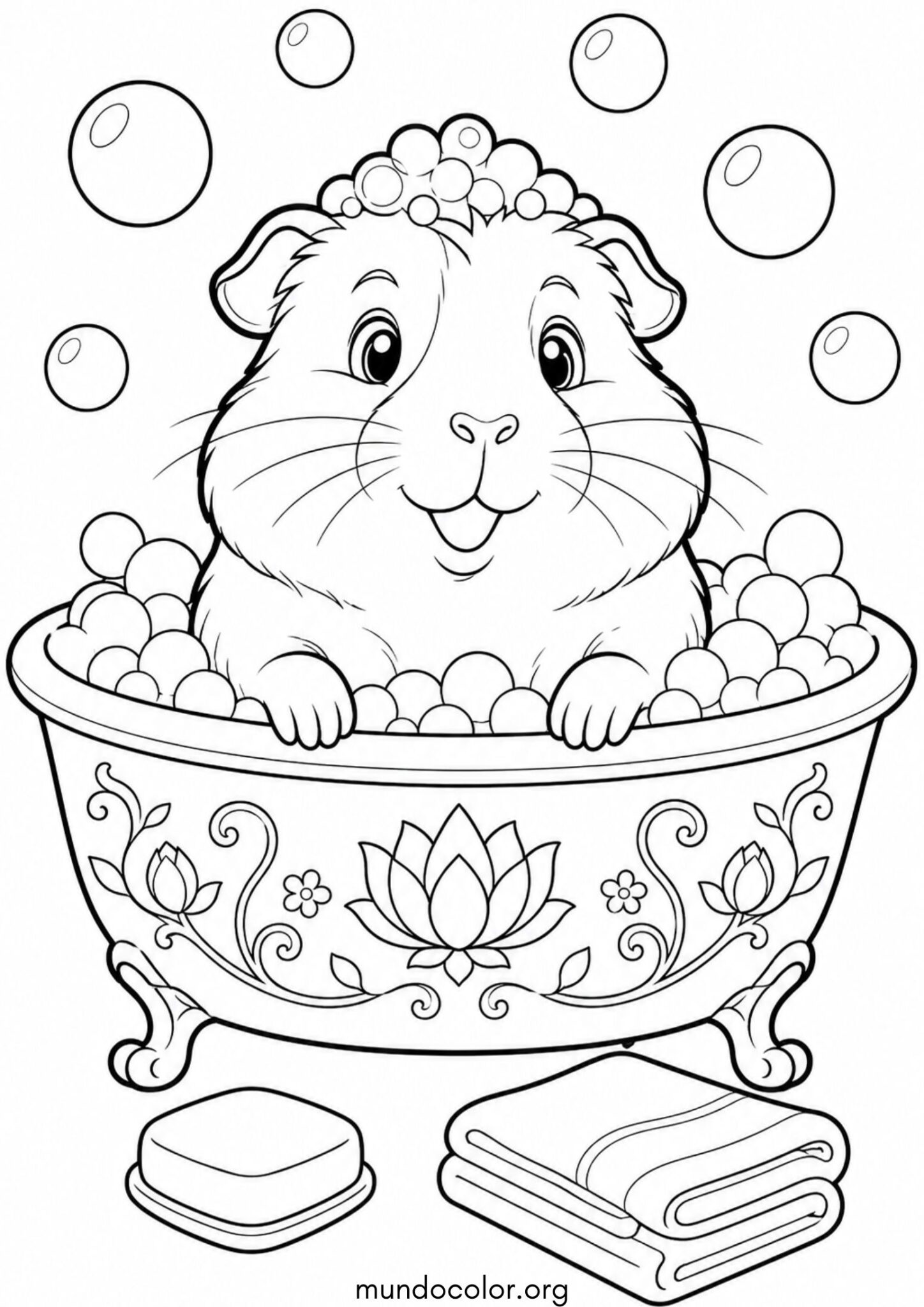 Dibujo de Cobaya bañándose en una tina con burbujas para colorear