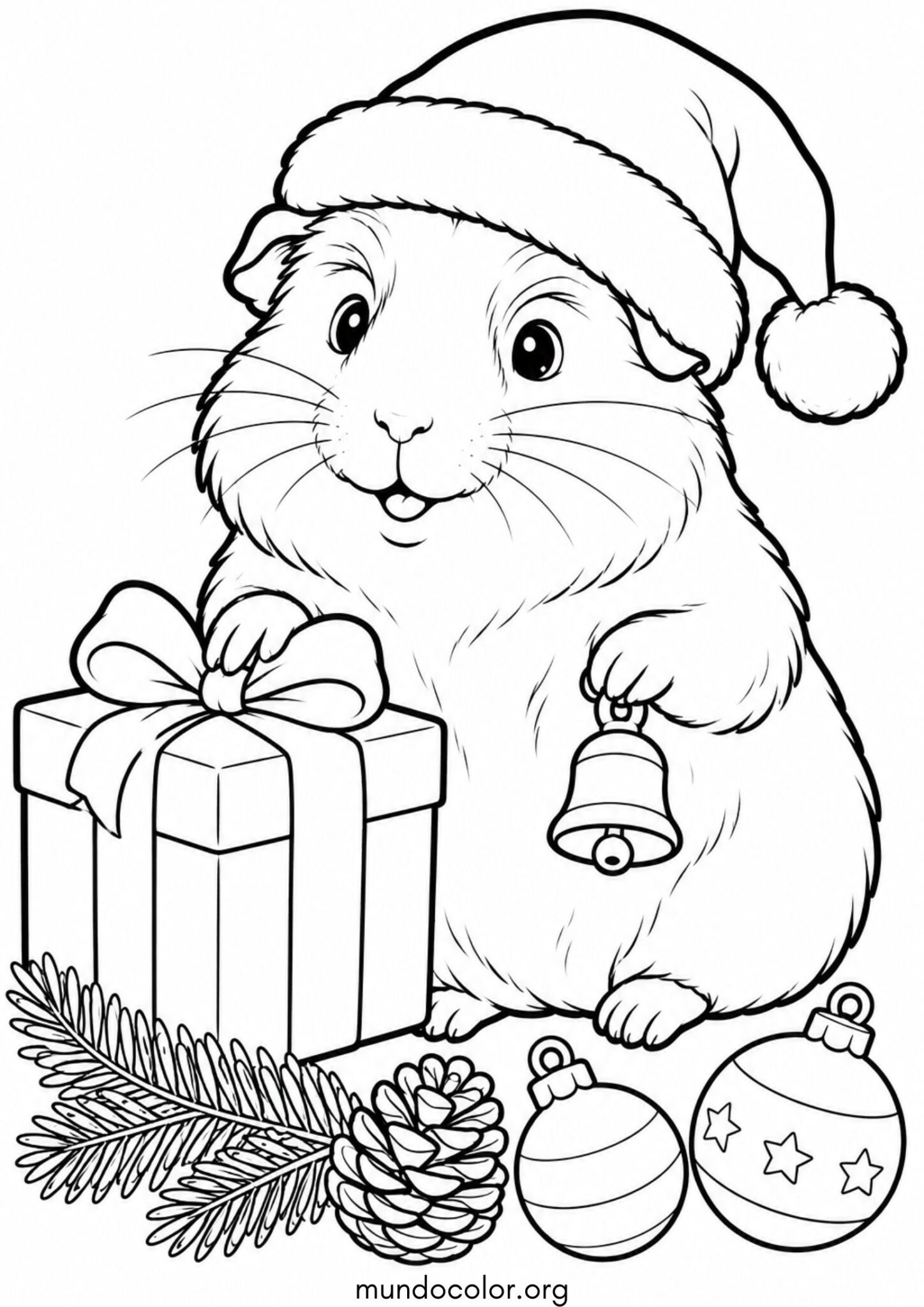 Dibujo de Cobaya navideña con gorro de Papá Noel y regalo para colorear