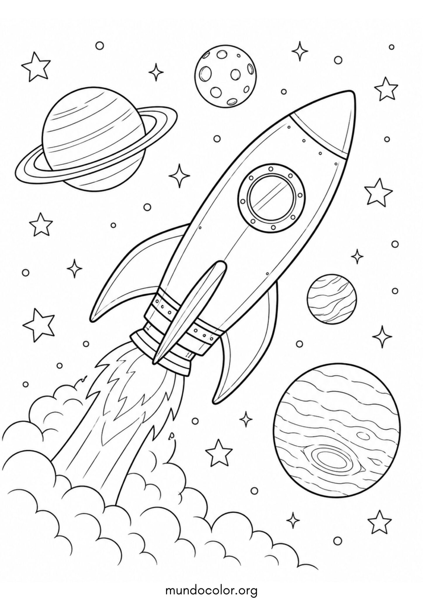 Dibujo de Día Mundial de la Ciencia – Cohete espacial despegando hacia las estrellas y planetas para colorear