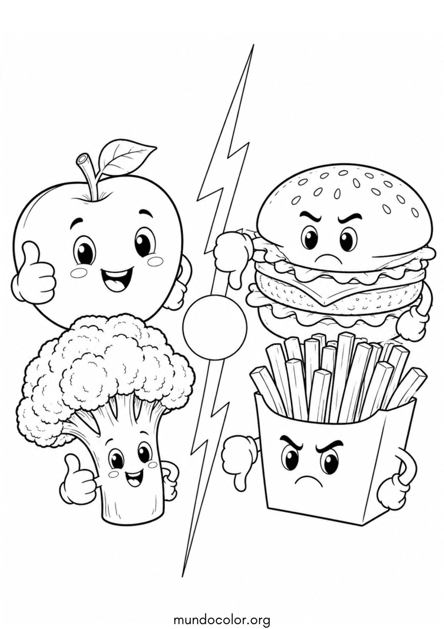 Dibujo de Día Mundial de la Alimentación – Comida saludable vs. Comida basura / chatarra para colorear