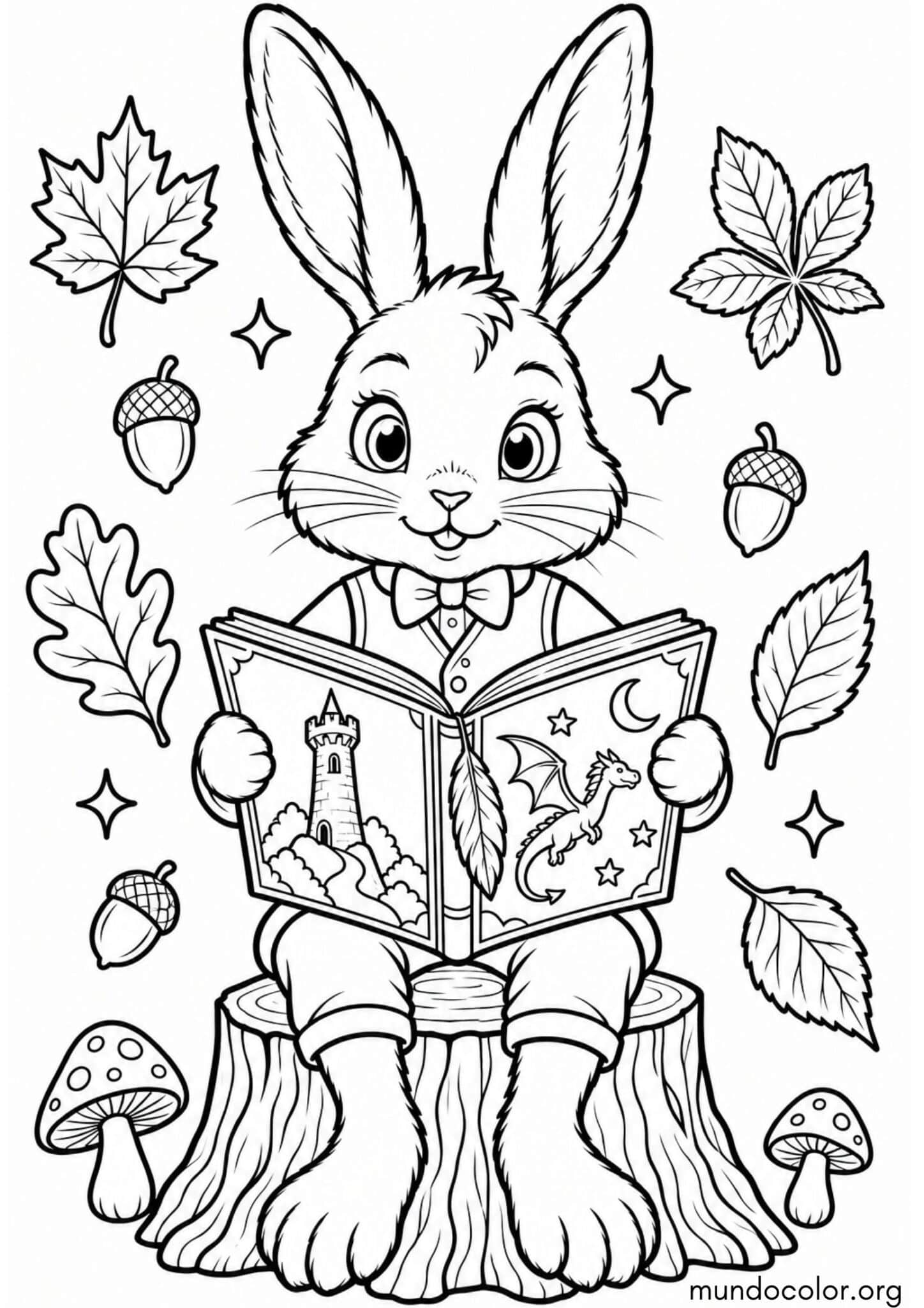 Dibujo de Día del Libro – Conejito leyendo un libro de cuentos para colorear
