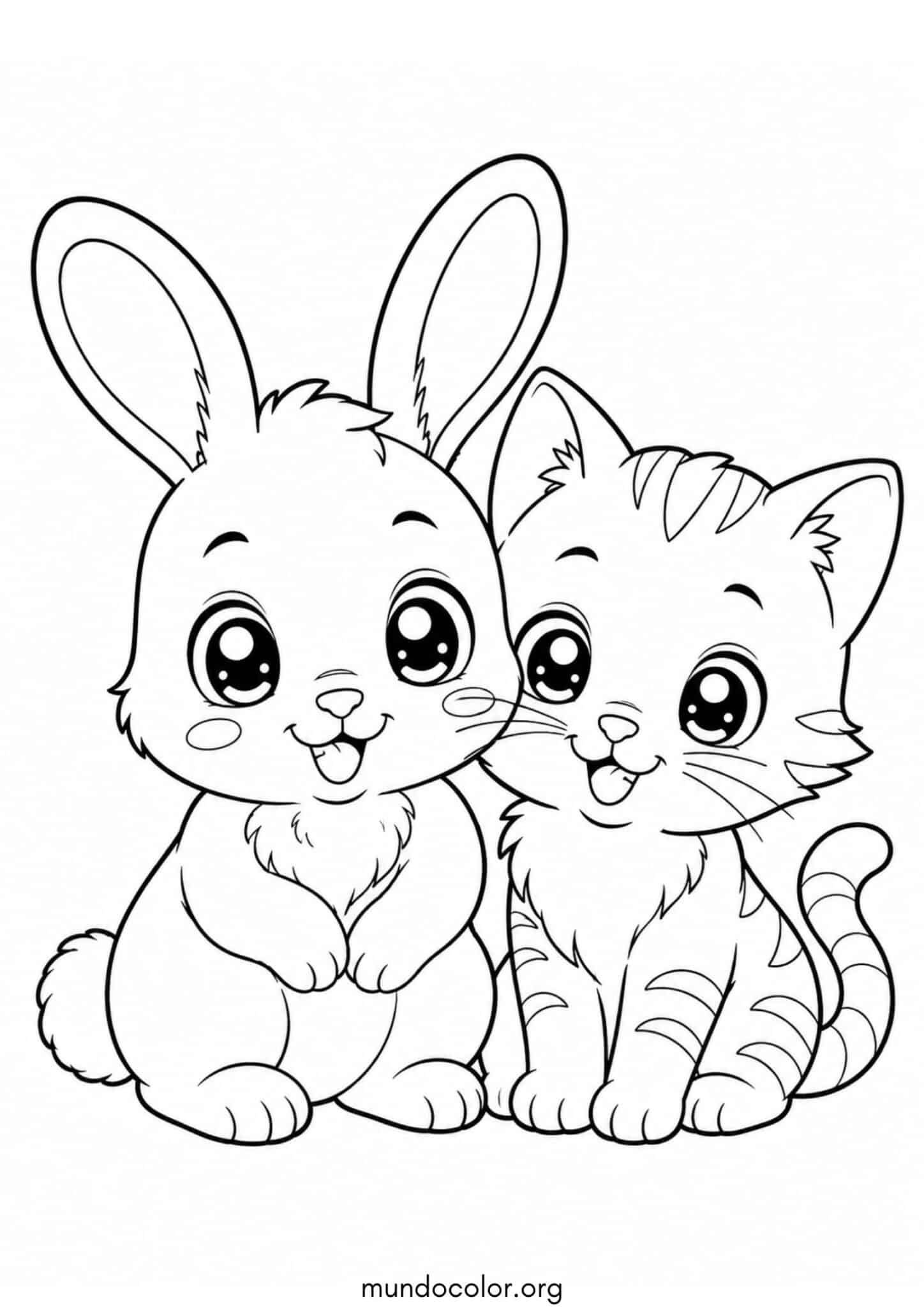 Dibujo de 🐇 Conejo y gato kawaii del horóscopo chino para colorear