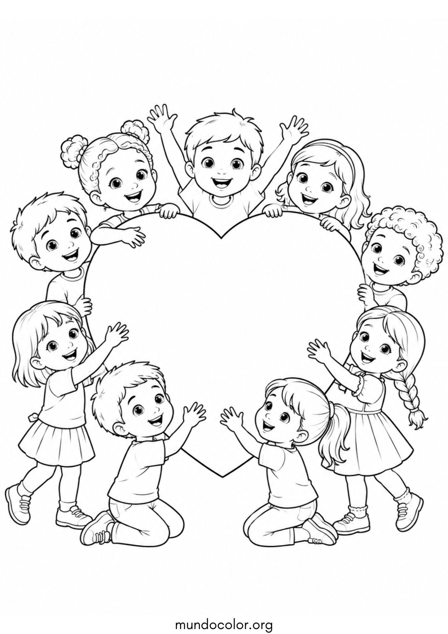 Dibujo de Día del Niño – Corazón gigante rodeado de niños sonrientes para colorear