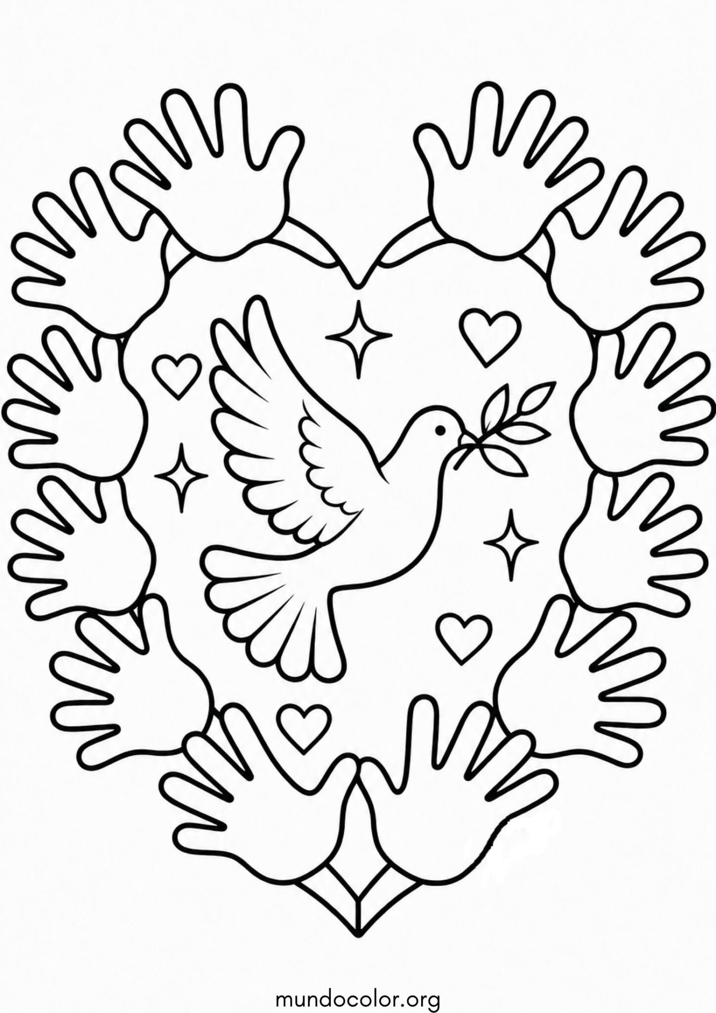 Dibujo de Corazón hecho con huellas de manos y paloma para colorear