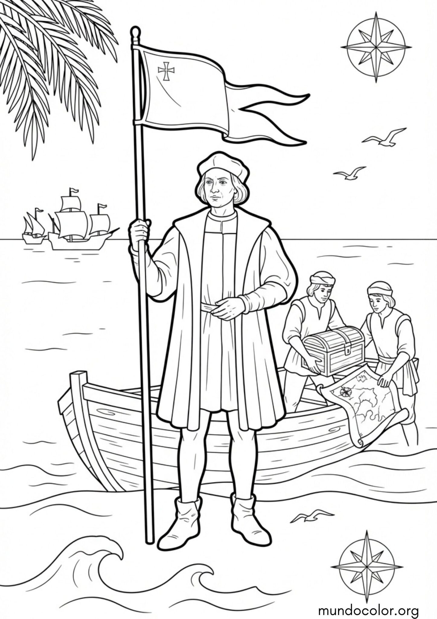 Dibujo de Cristóbal Colón llegando a América con la bandera para imprimir Dibujo de Cristóbal Colón llegando a América con la bandera para colorear