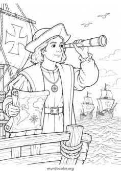 Cristóbal Colón navegando con un mapa y un telescopio
