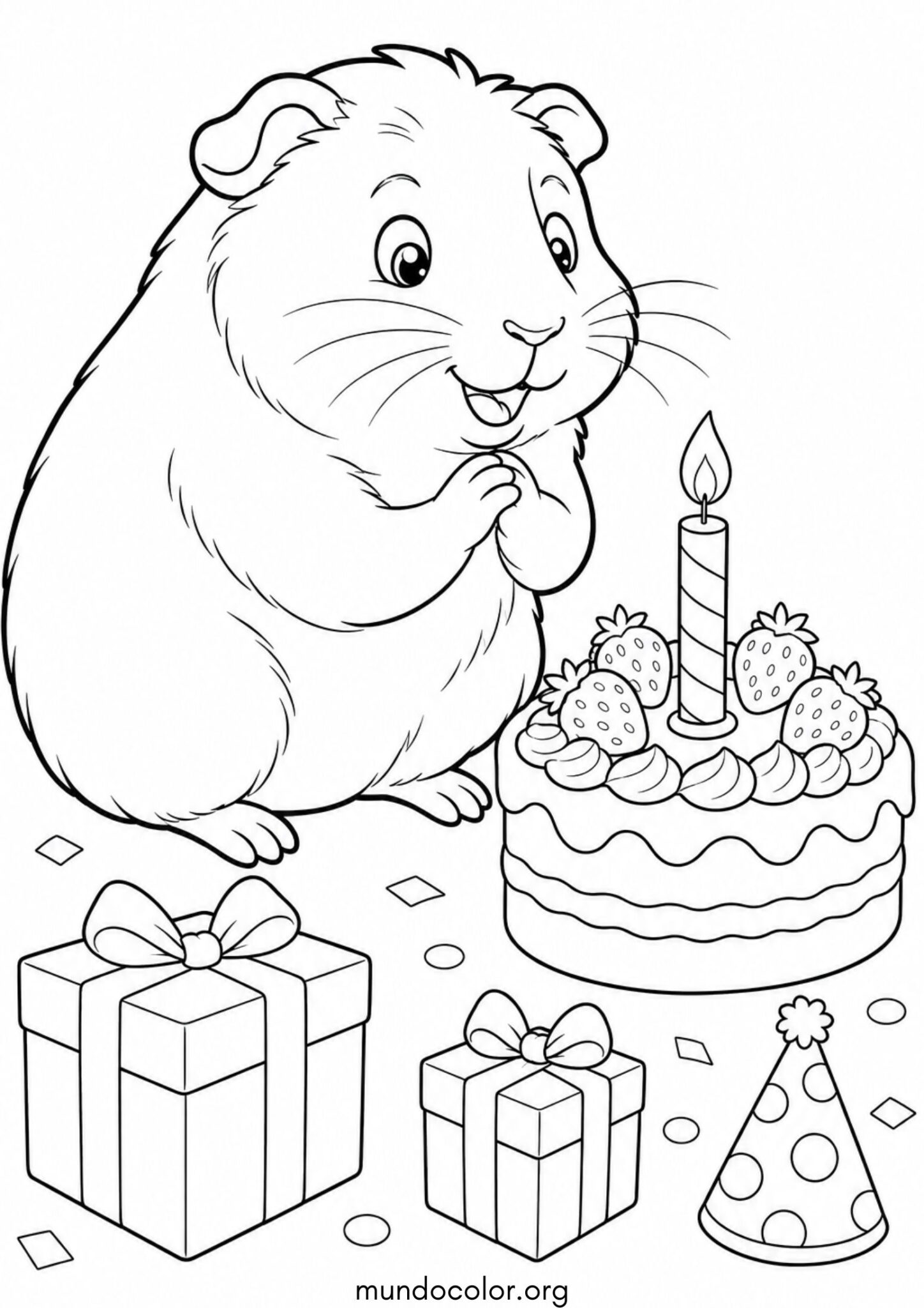 Dibujo de Cuye de Cumpleaños con tarta y vela para colorear