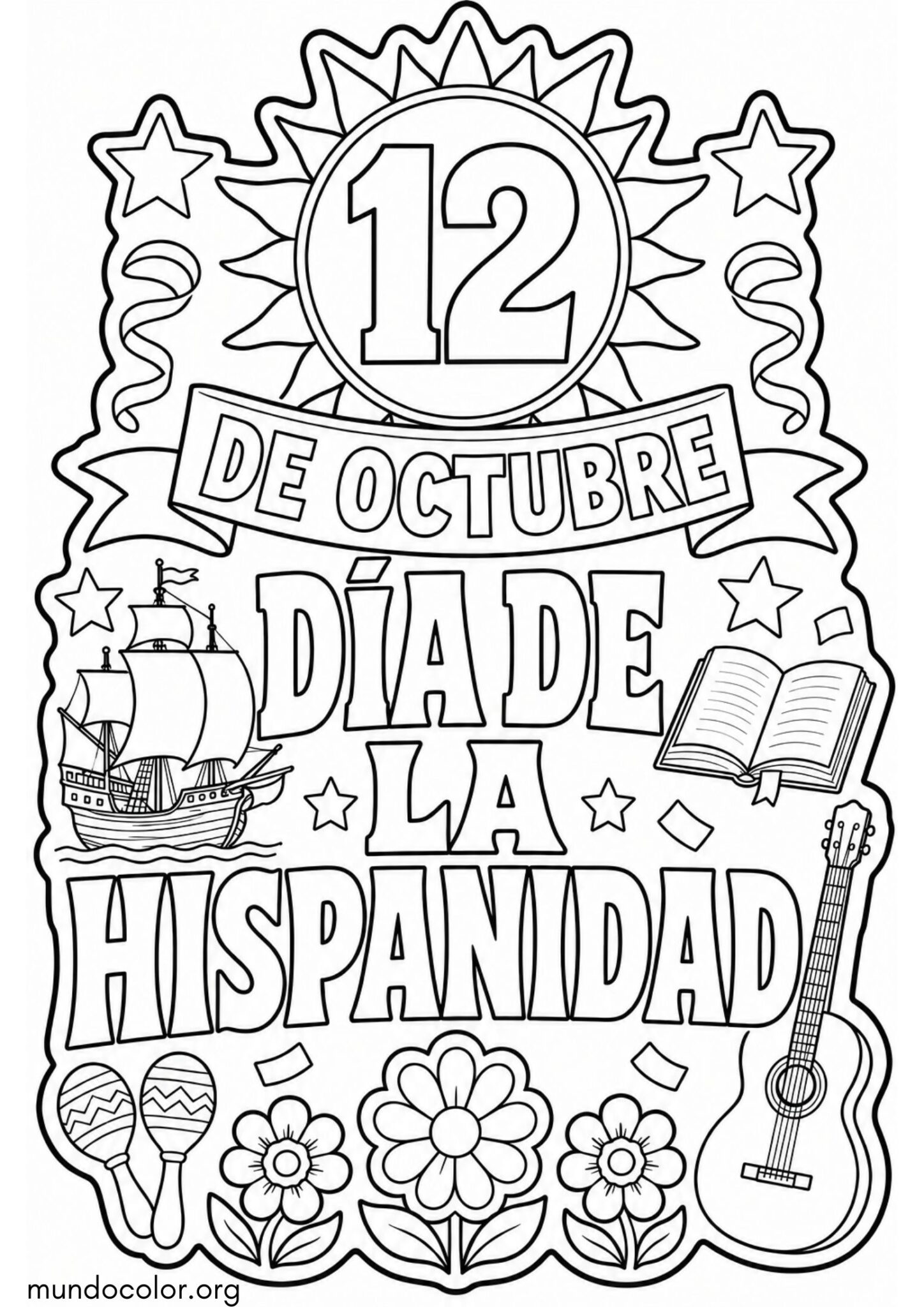 Dibujo de Cartel del 12 de Octubre Día de la Hispanidad con letras grandes para imprimir Dibujo de Cartel del 12 de Octubre Día de la Hispanidad con letras grandes para colorear