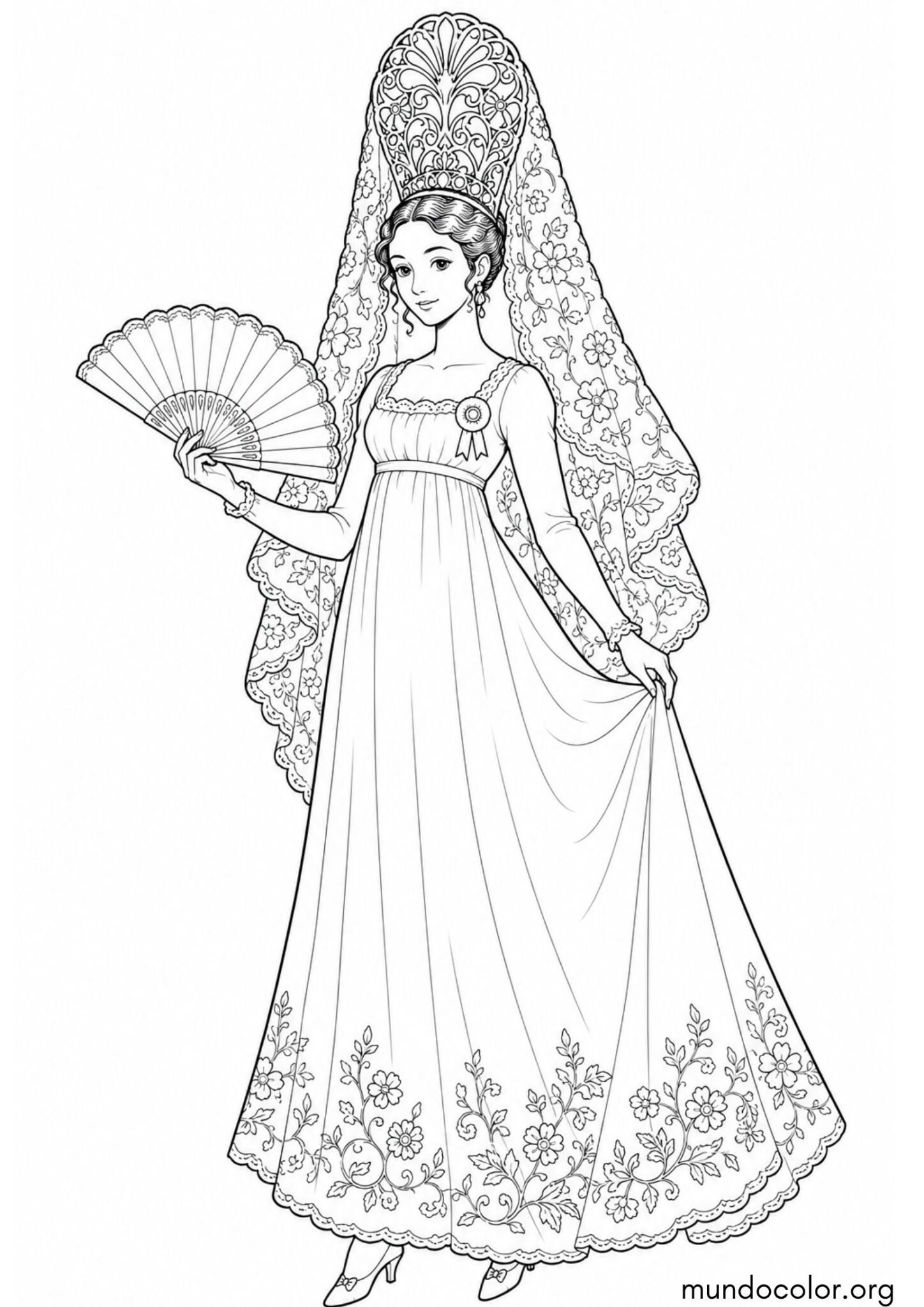 Dibujo de Revolución de Mayo – Dama antigua con mantilla, peinetón elegante y abanico para colorear