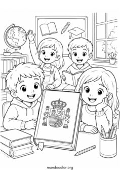 Derecho a la educación: niños felices en el colegio con la Constitución