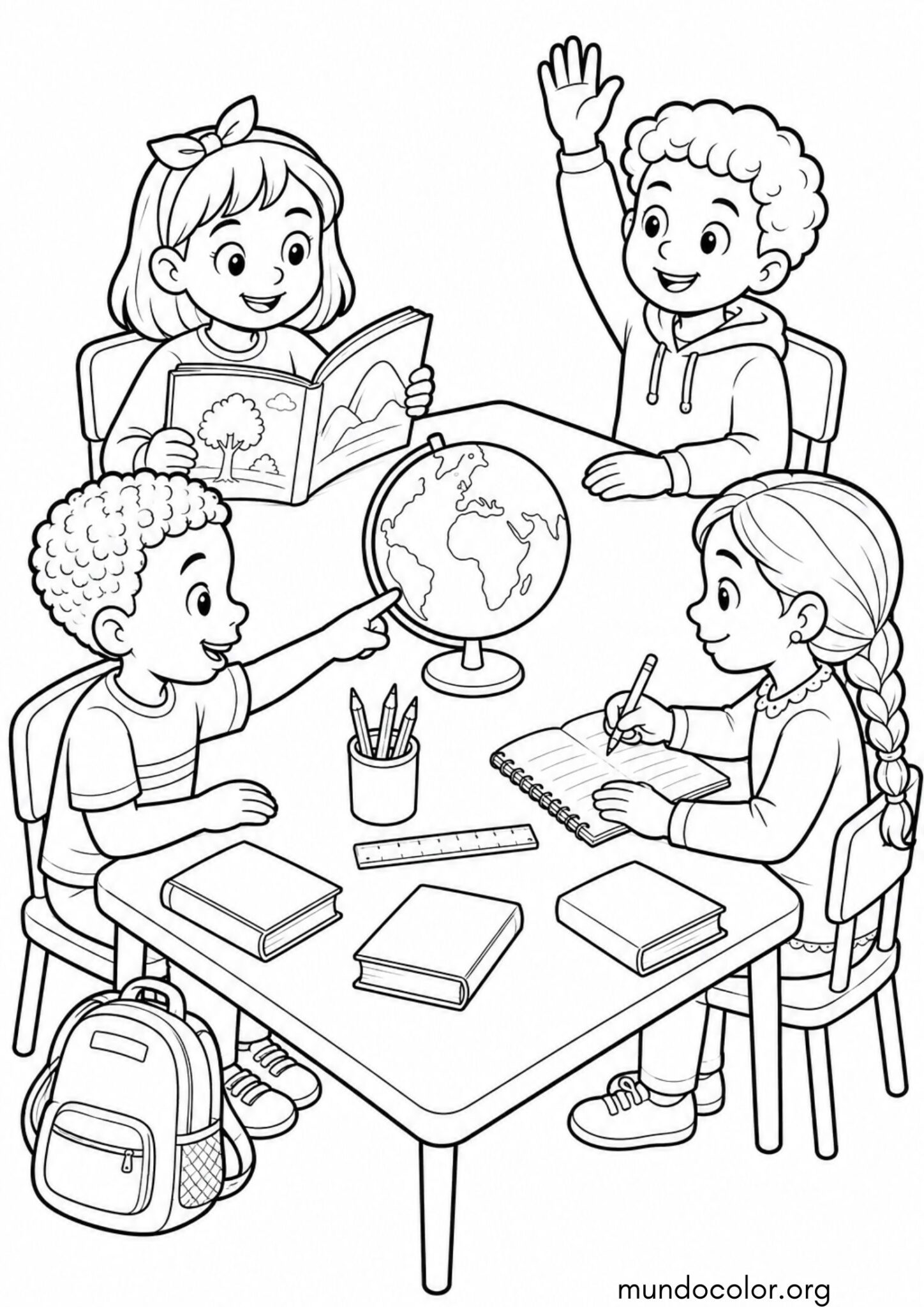 Dibujo de Día del Niño – Derecho a la educación: niños en la escuela aprendiendo para colorear