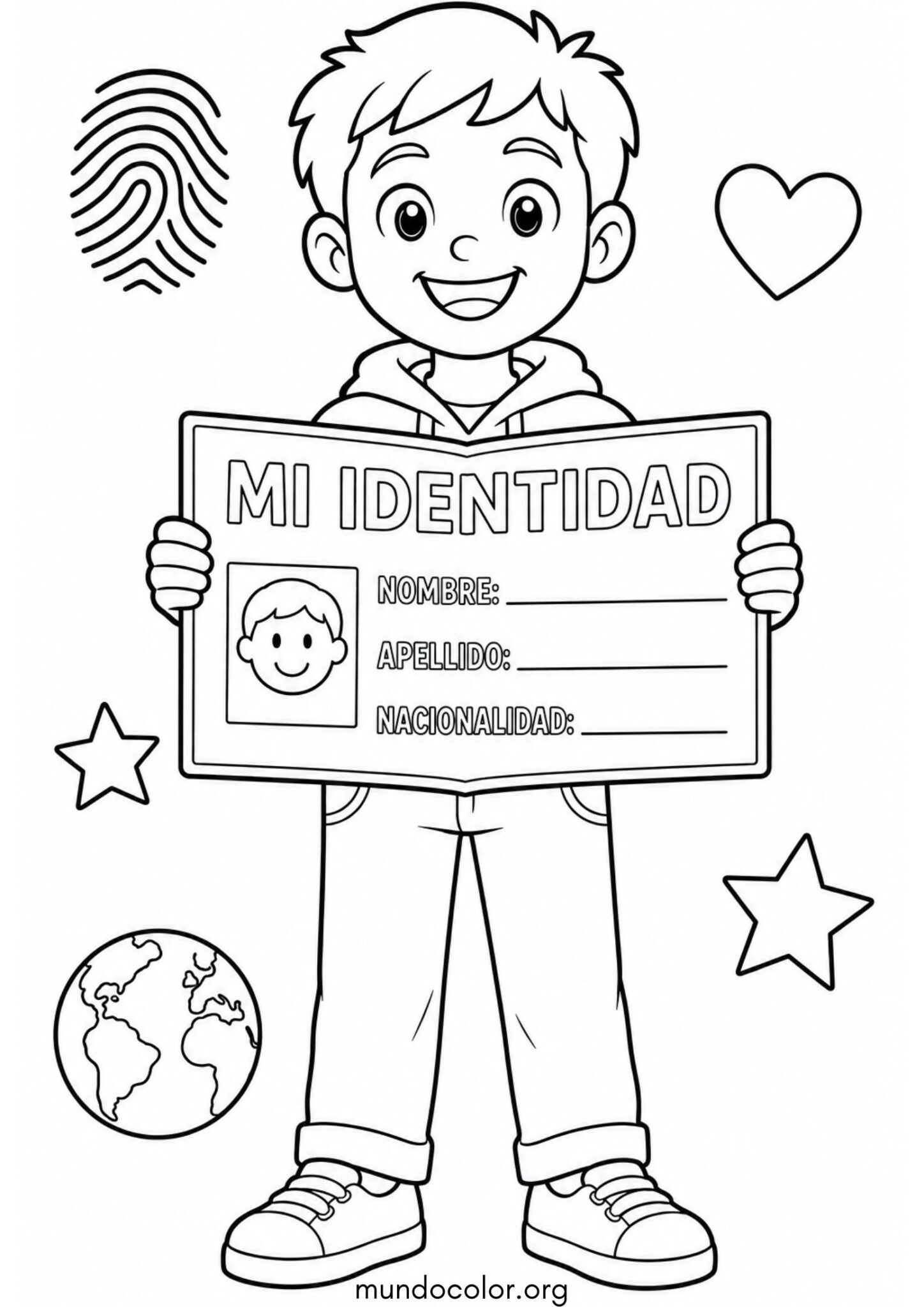 Dibujo de Día del Niño – Derecho a la identidad: niño con su certificado y nombre para colorear