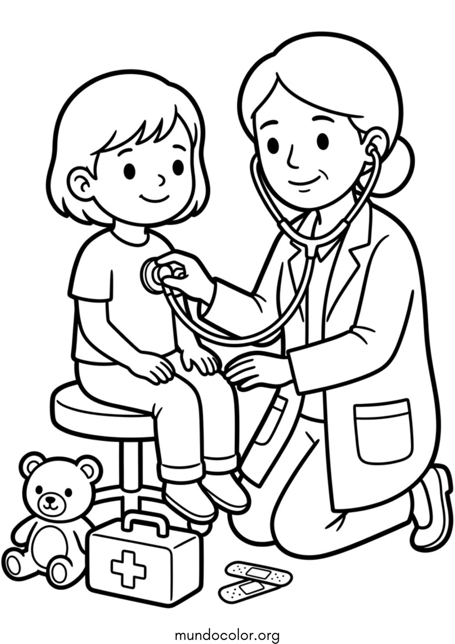 Dibujo de Día del Niño – Derecho a la salud: niño feliz en una revisión médica para colorear