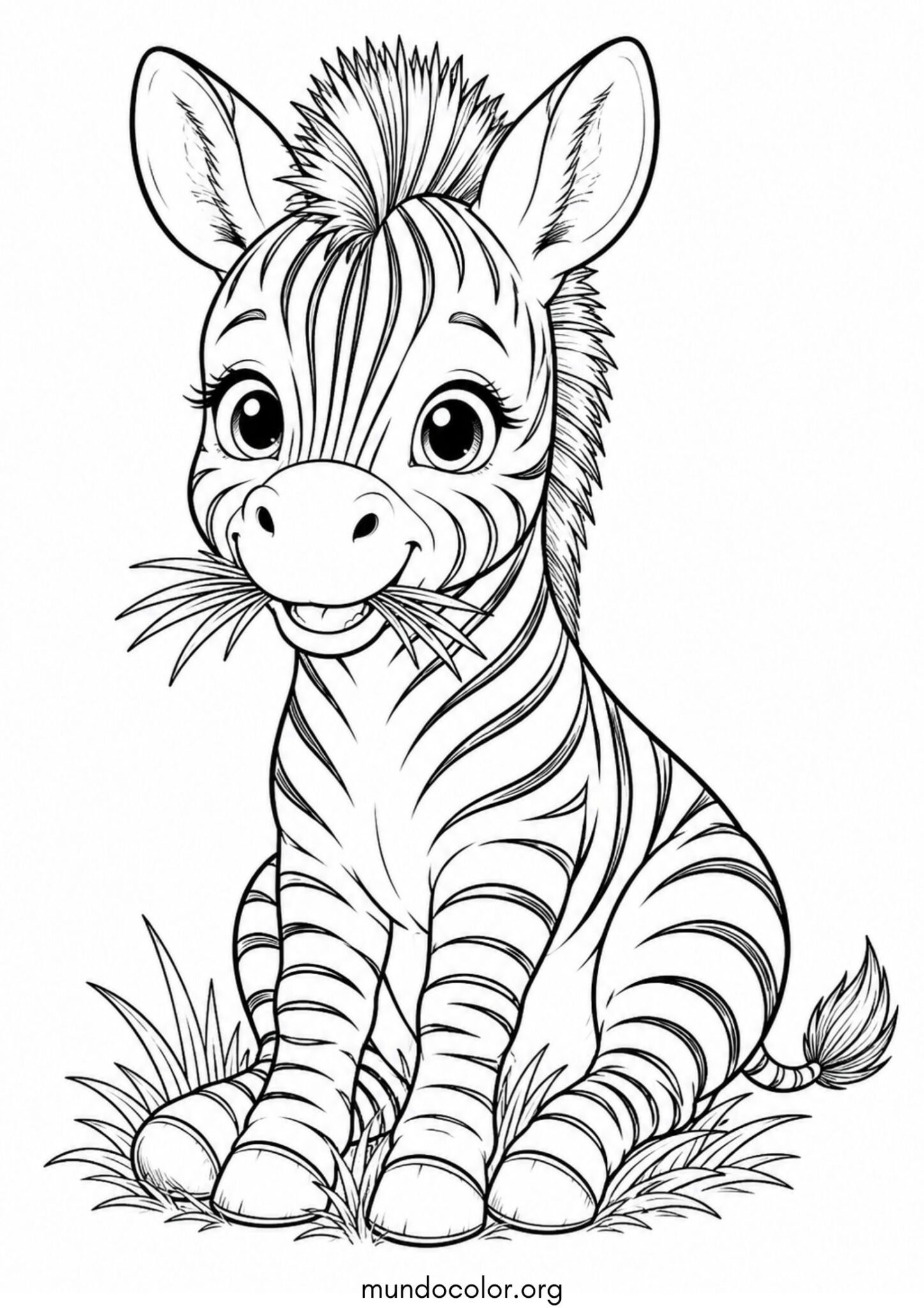 Dibujo de Cebra sonriente sentada comiendo hierba verde para imprimir Dibujo de Cebra sonriente sentada comiendo hierba verde para colorear
