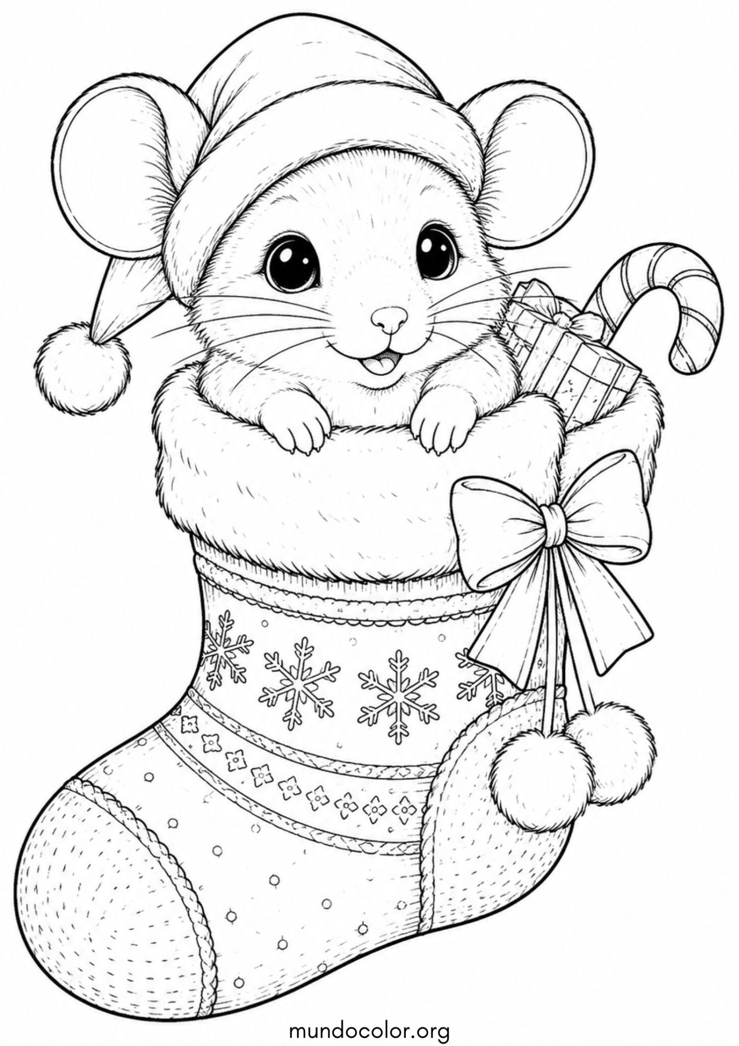 Dibujo de Ratón navideño en un calcetín de regalos para colorear