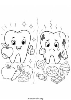 Día Mundial de la Salud – Diente sano con manzana vs Diente triste con caramelos