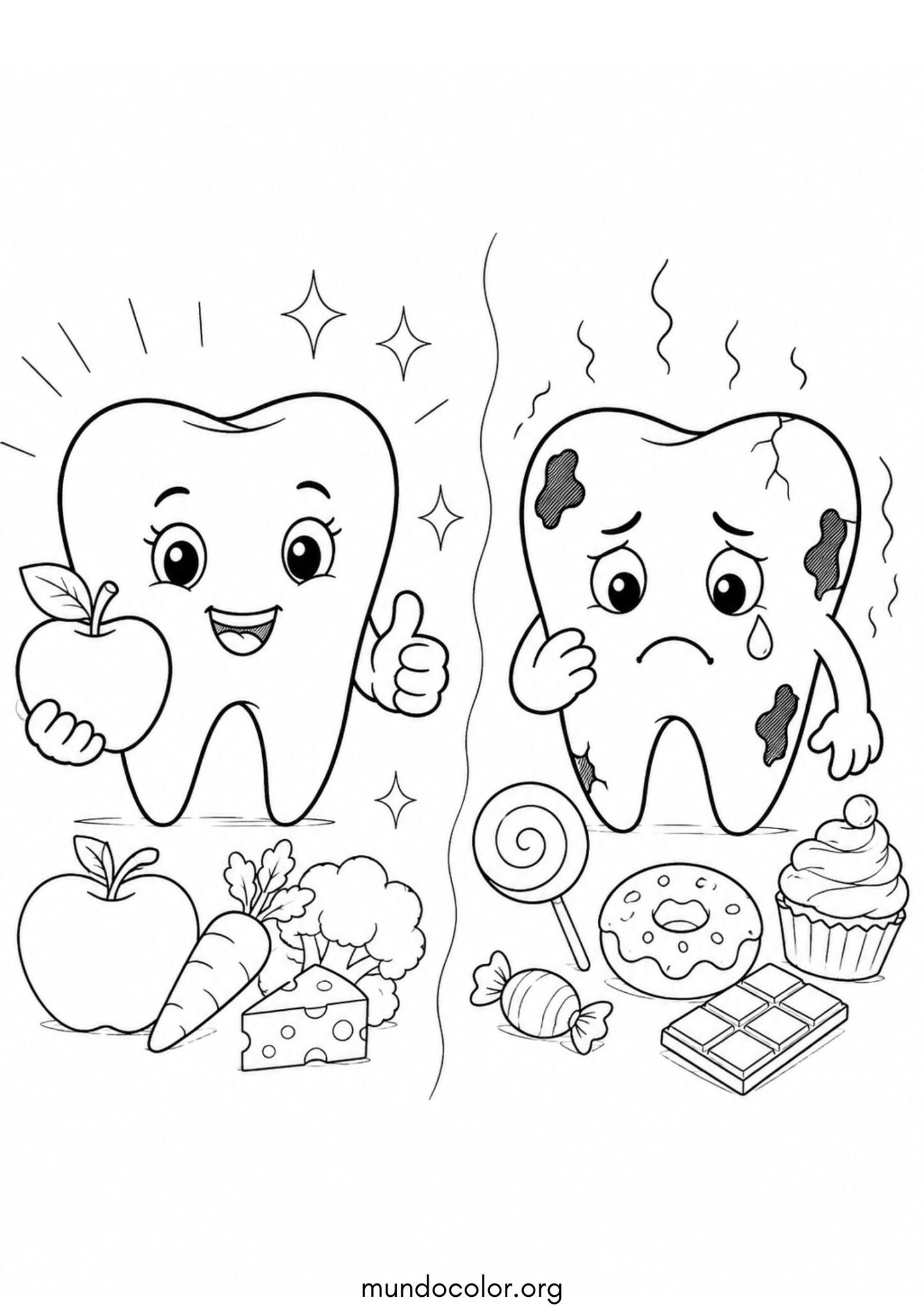 Dibujo de Día Mundial de la Salud – Diente sano con manzana vs Diente triste con caramelos para imprimir Dibujo de Día Mundial de la Salud – Diente sano con manzana vs Diente triste con caramelos para colorear
