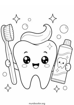Día Mundial de la Salud – Diente sano y brillante con cepillo y pasta dental estilo kawaii